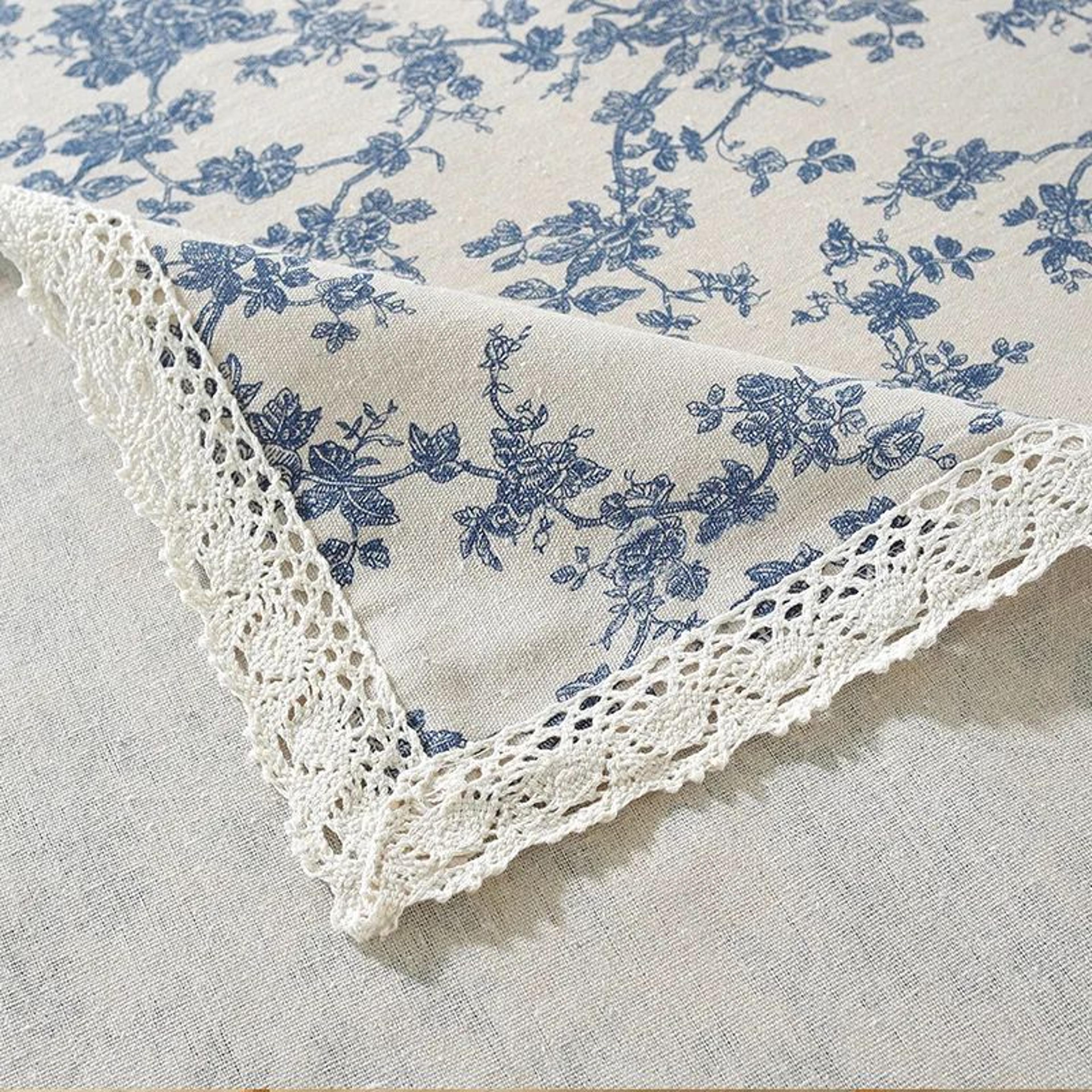 Vintage Blue Pattern Cotton Linen Rectangle Tablecloth Washable Dining Table Cover 5