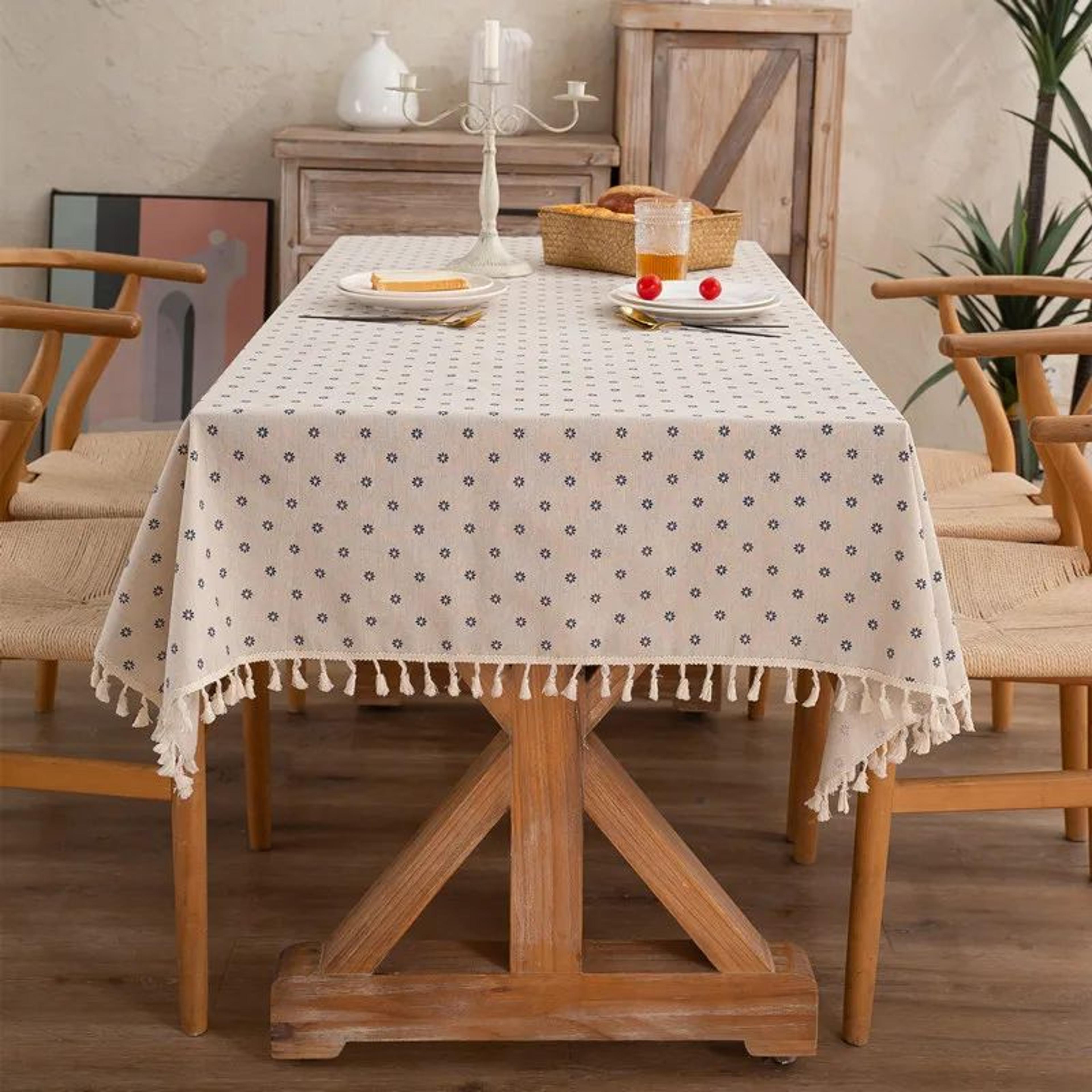 Vintage Blue Pattern Cotton Linen Rectangle Tablecloth Washable Dining Table Cover 6