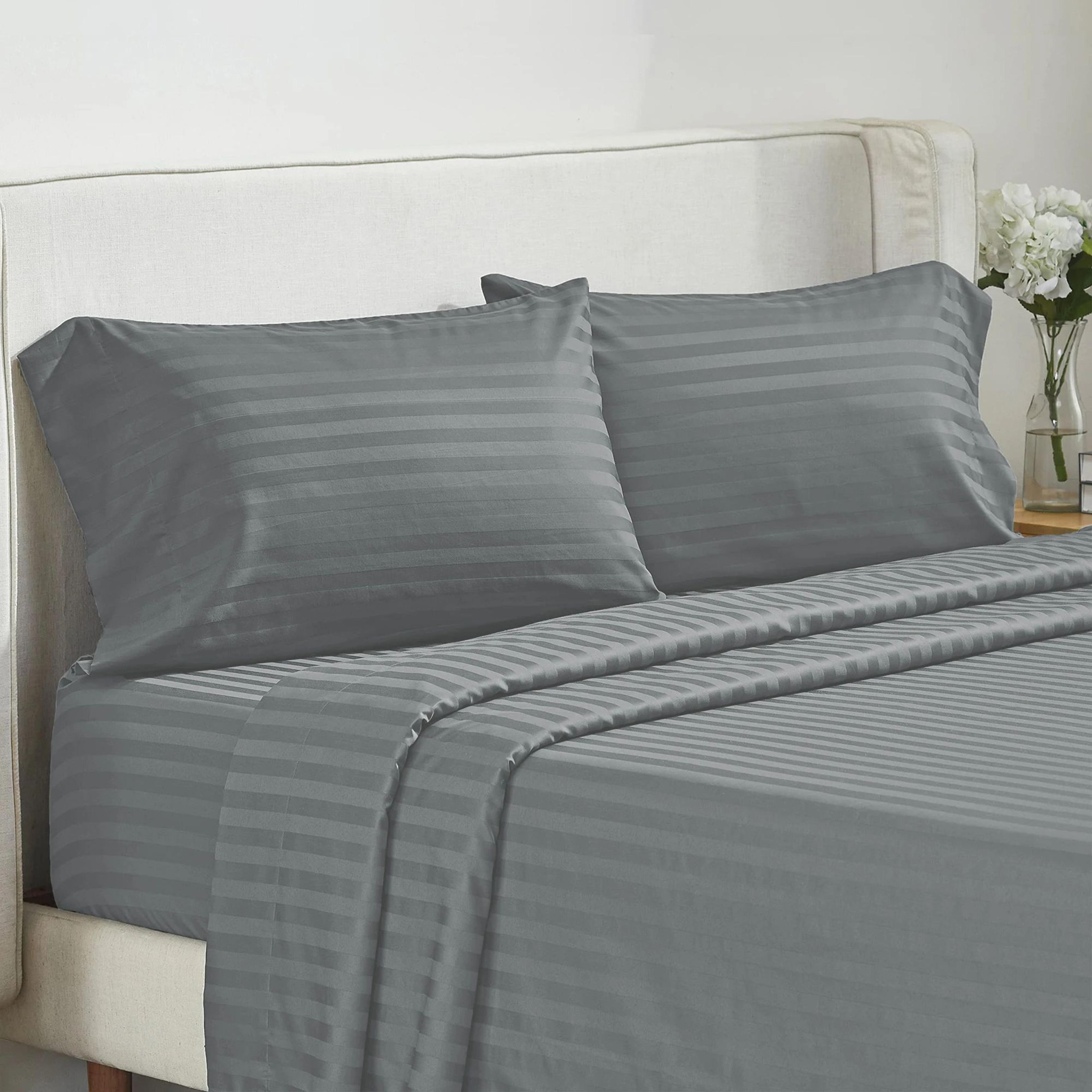 Luxury 4Piece Solid Stripe Bed Sheet Set With Fitted Sheet And Pillowcases 11
