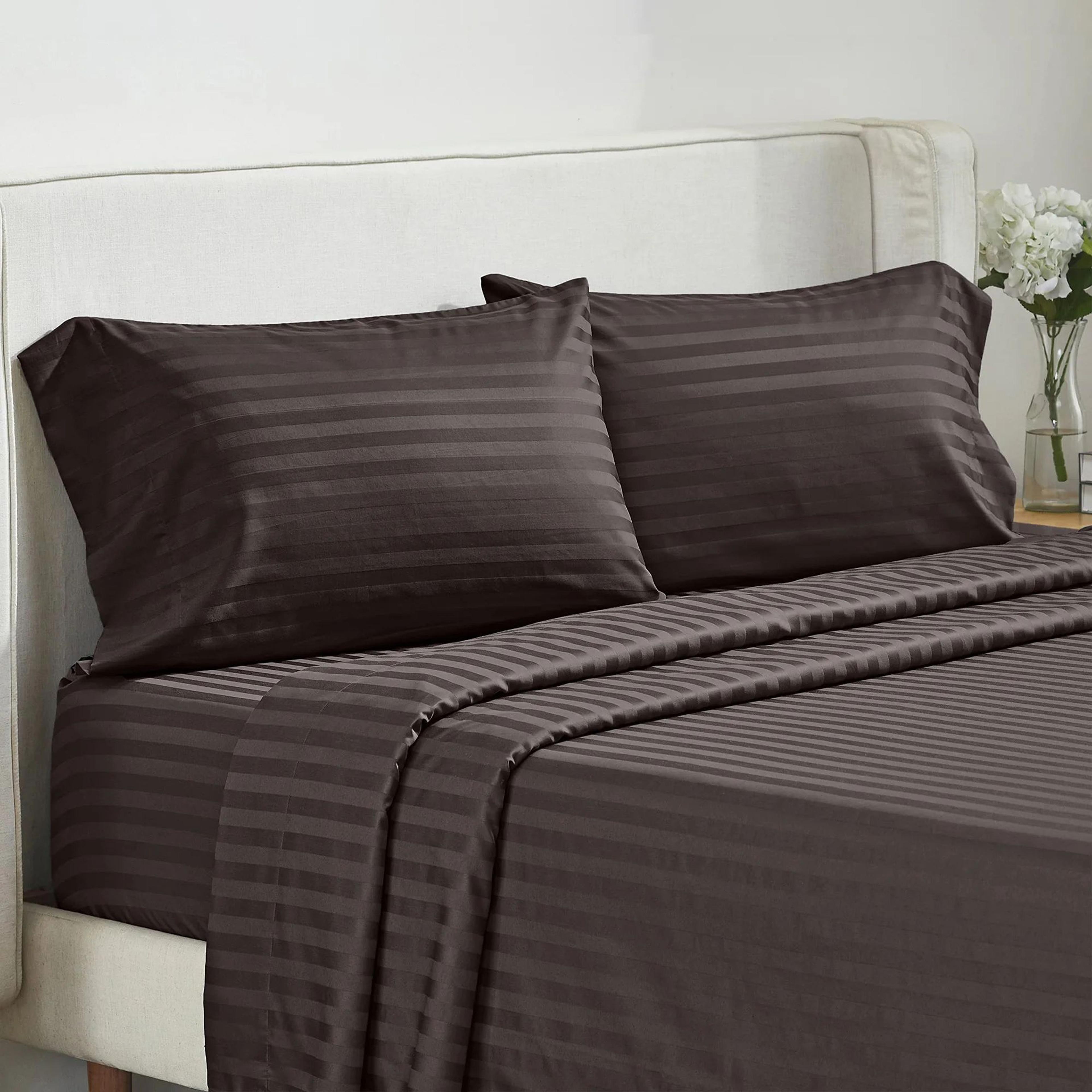 Luxury 4Piece Solid Stripe Bed Sheet Set With Fitted Sheet And Pillowcases 9