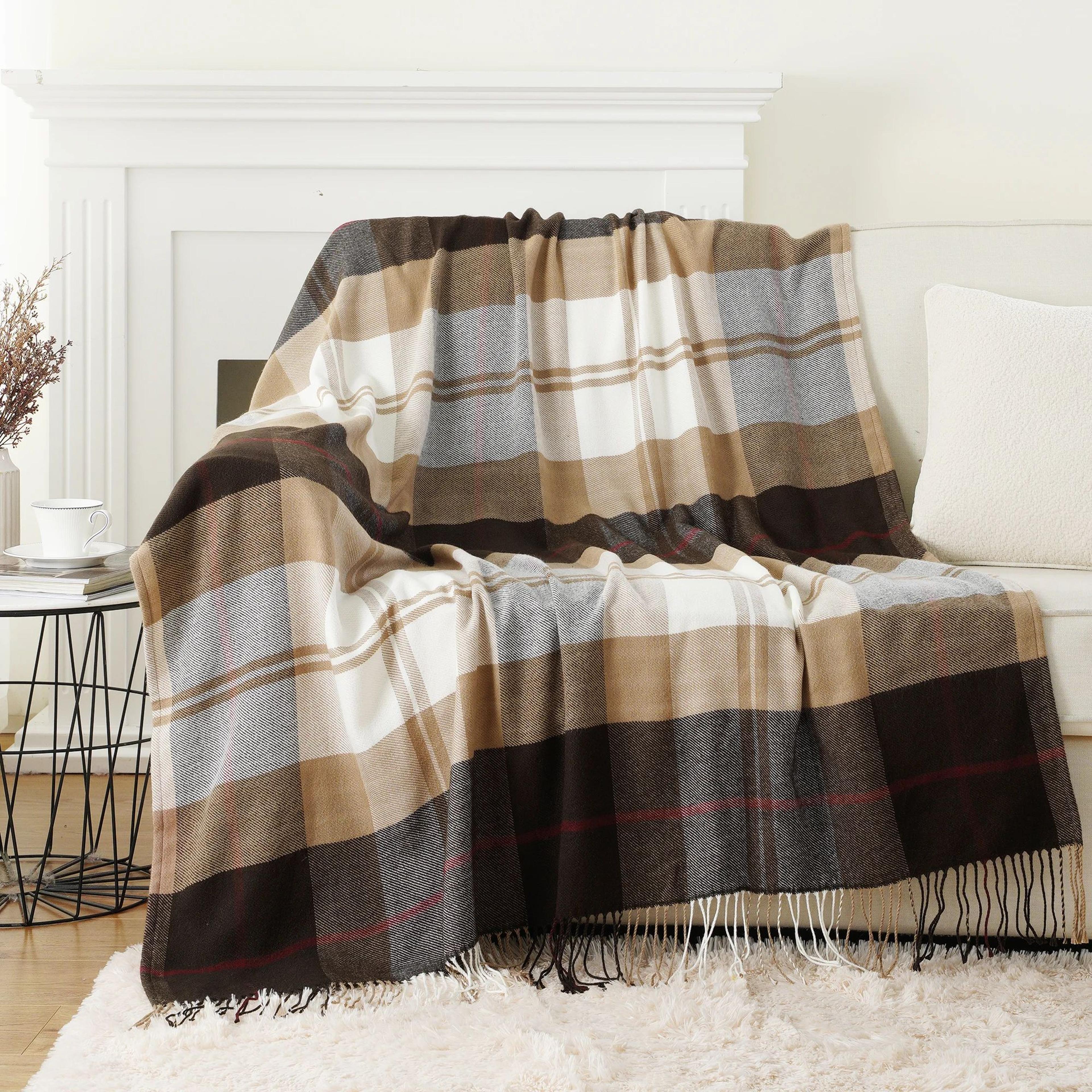 Orange Plaid Throw Blanket Lightweight Fall Sofa Blanket With Tassels 50 X 60 Inch 10
