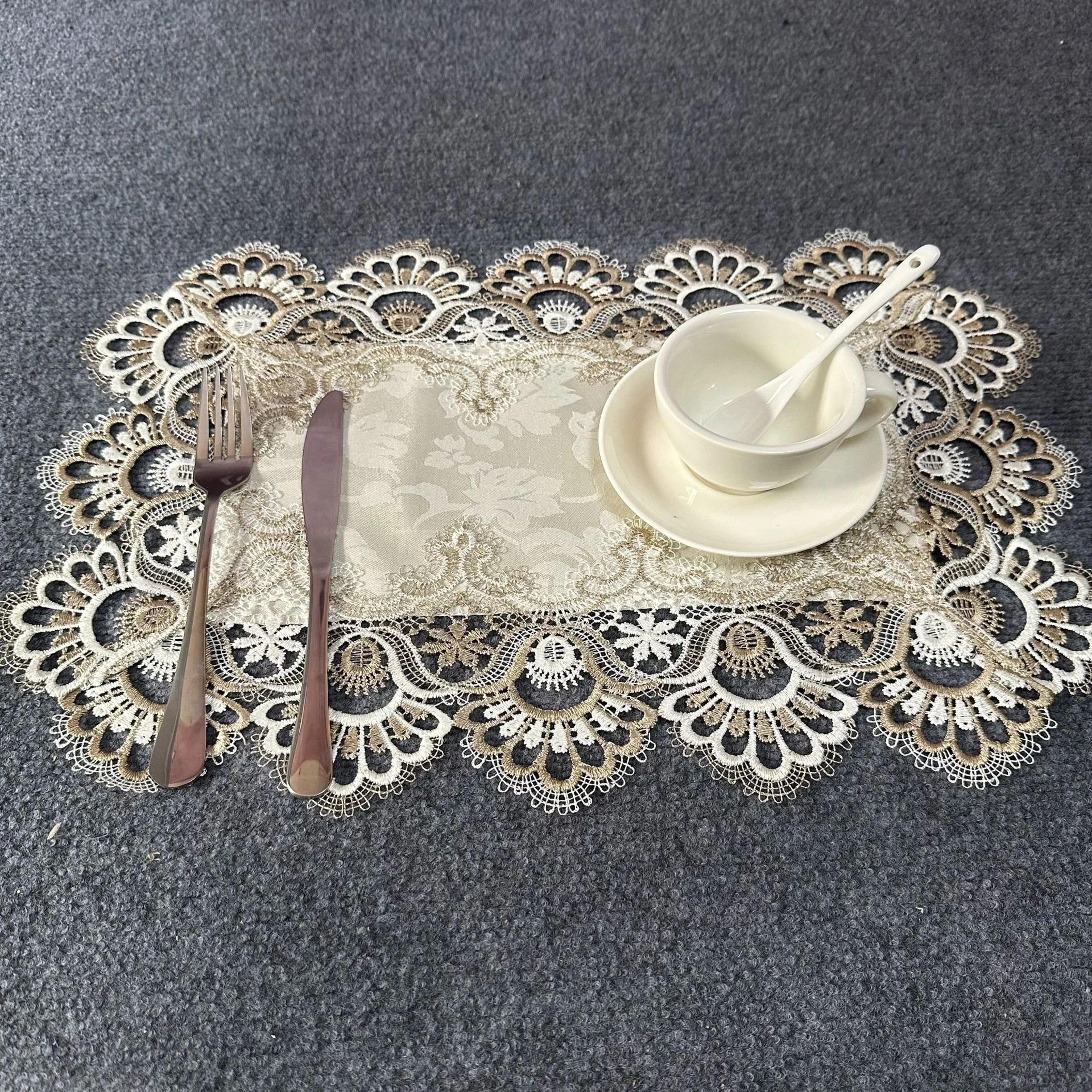 White Embroidered Lace Placemats Set Of 2  Elegant Rectangle Dining Table Mats 5