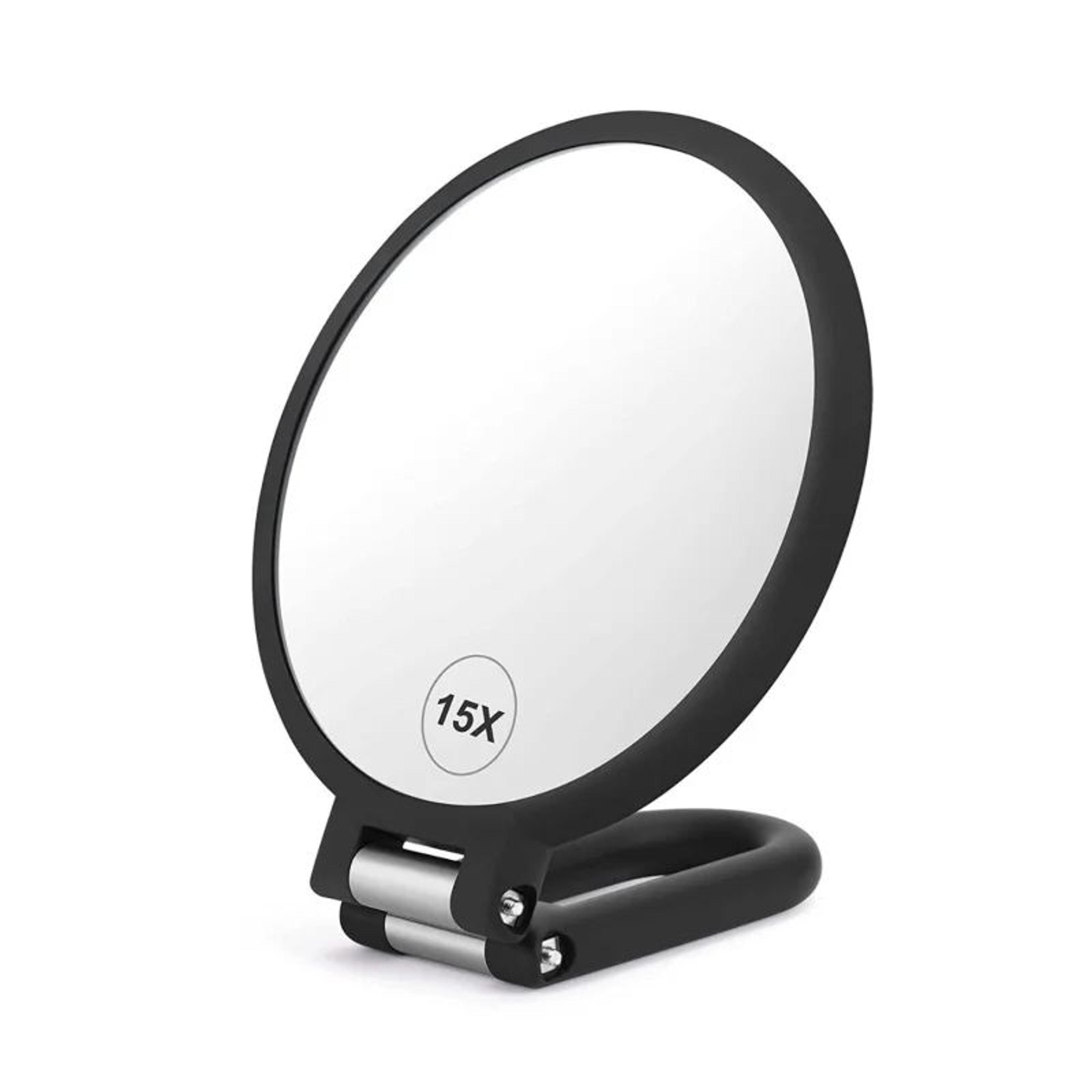 15x double-sided magnifying handheld mirror with folding adjustable stand