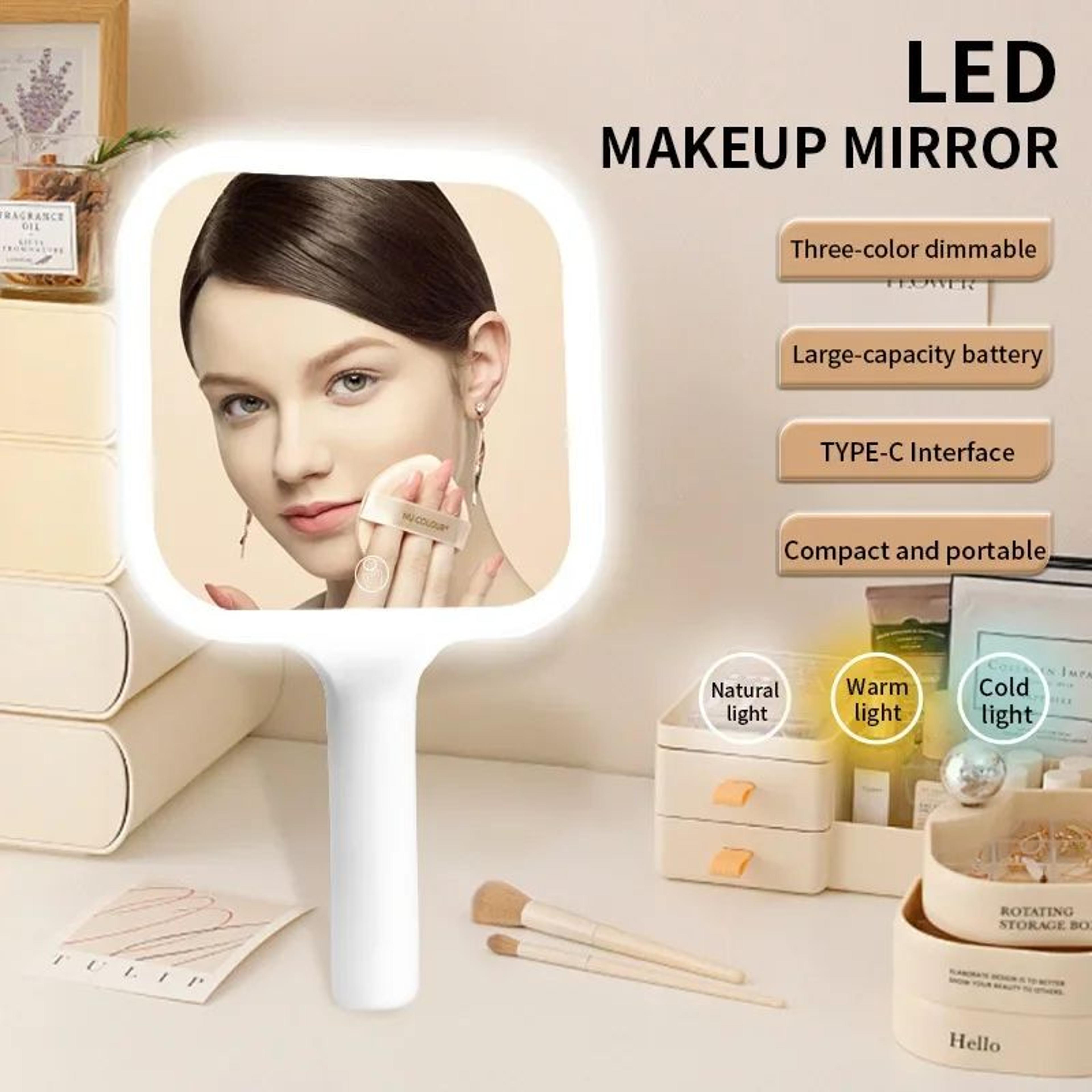 Portable LED Makeup Mirror With Handle 3 Color Light And Touch Control 1