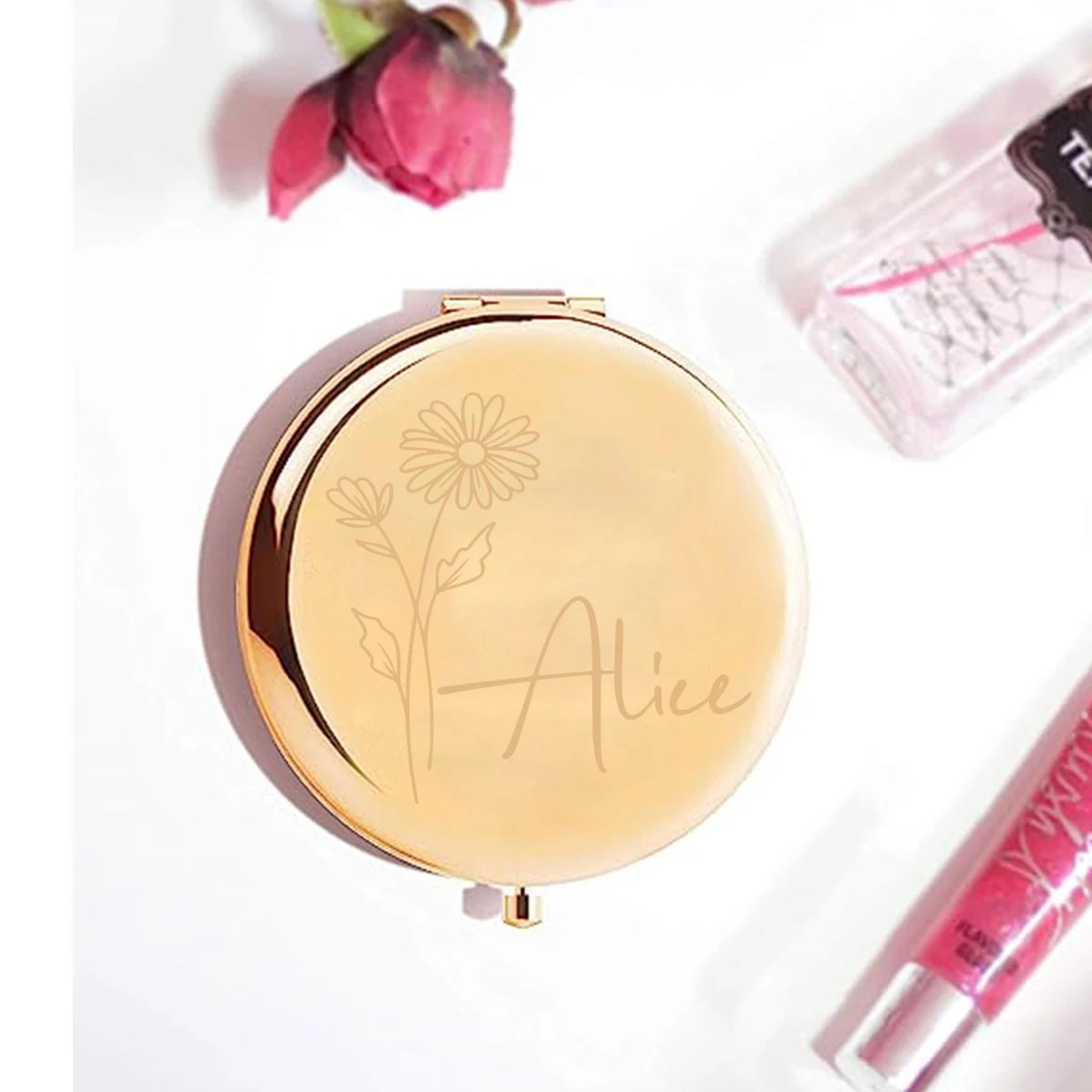 Personalized Floral Engraved Compact Mirror Wedding And Bridesmaid Gift 1