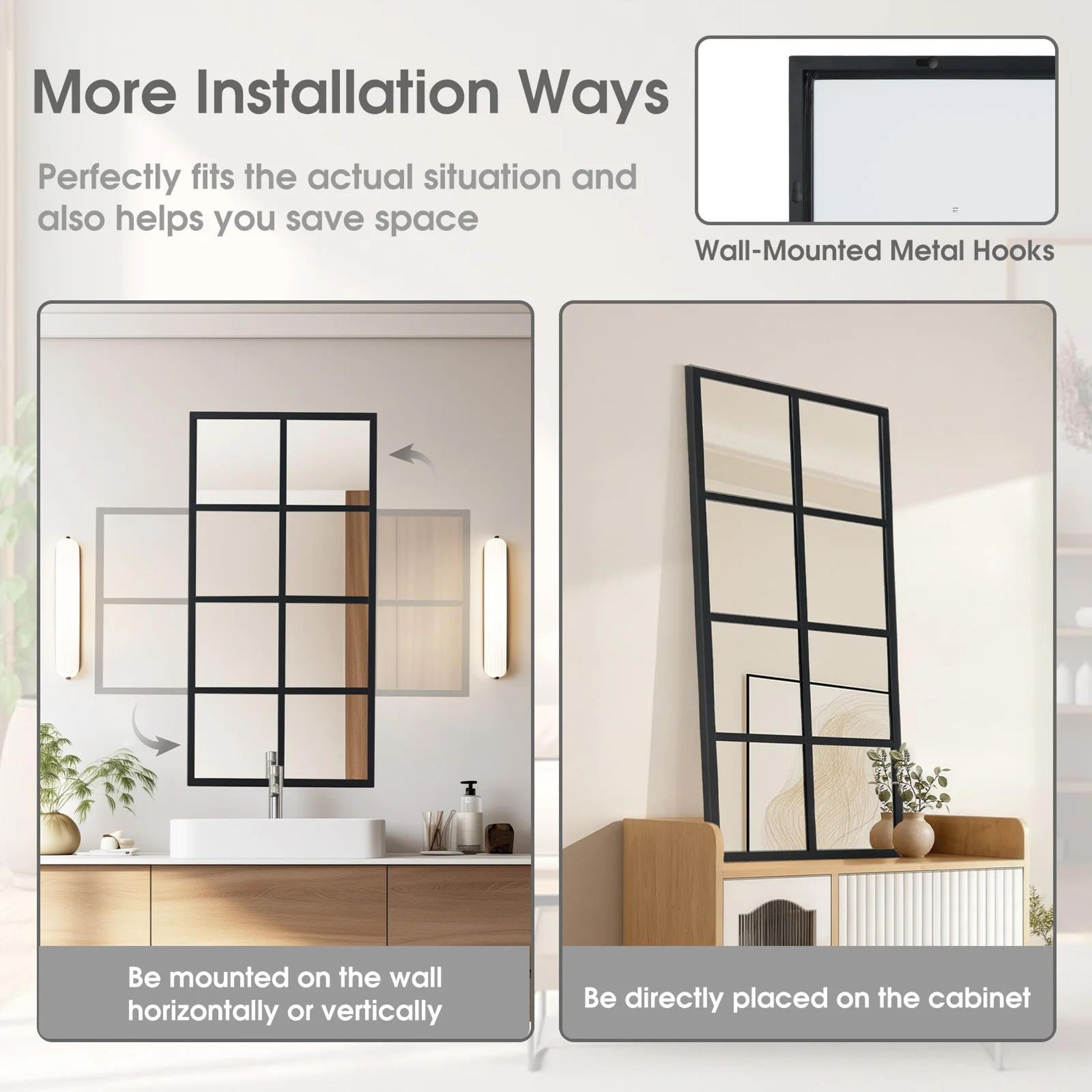 JHK Black Window Pane Wall Mirror With Metal Frame 2