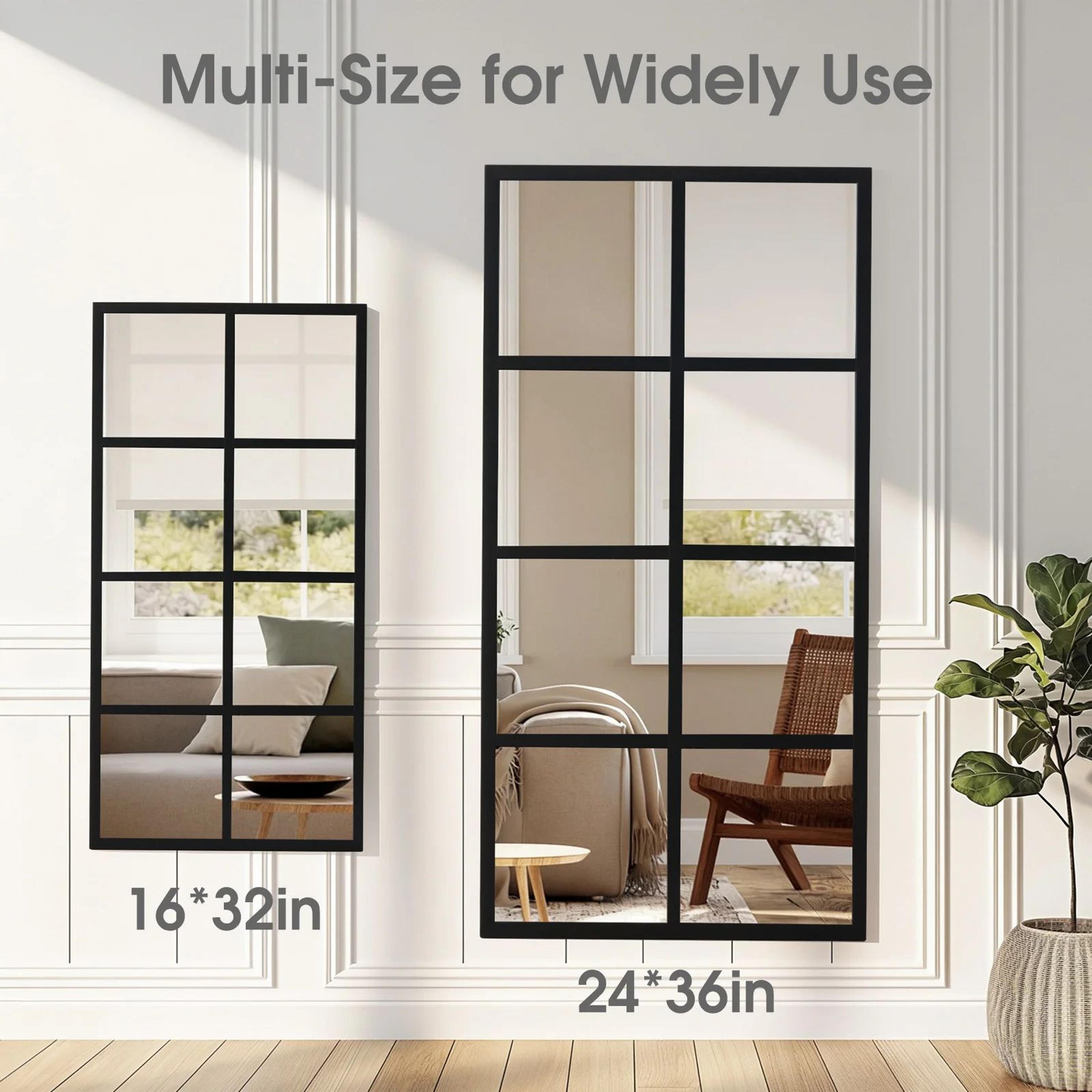 JHK Black Window Pane Wall Mirror With Metal Frame 6