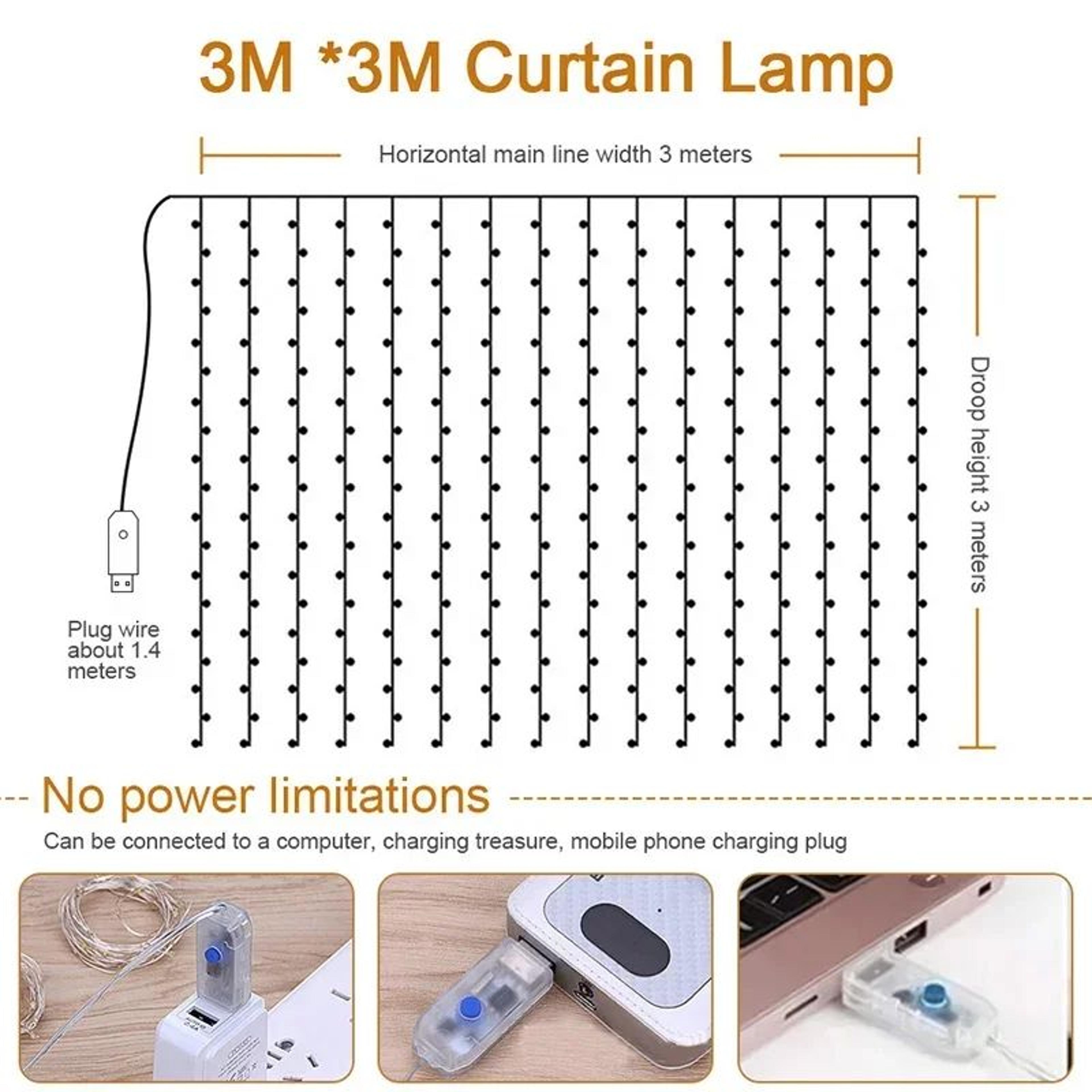 3M LED Curtain Fairy Lights USB Waterfall String Lights With Remote 8 Modes 5