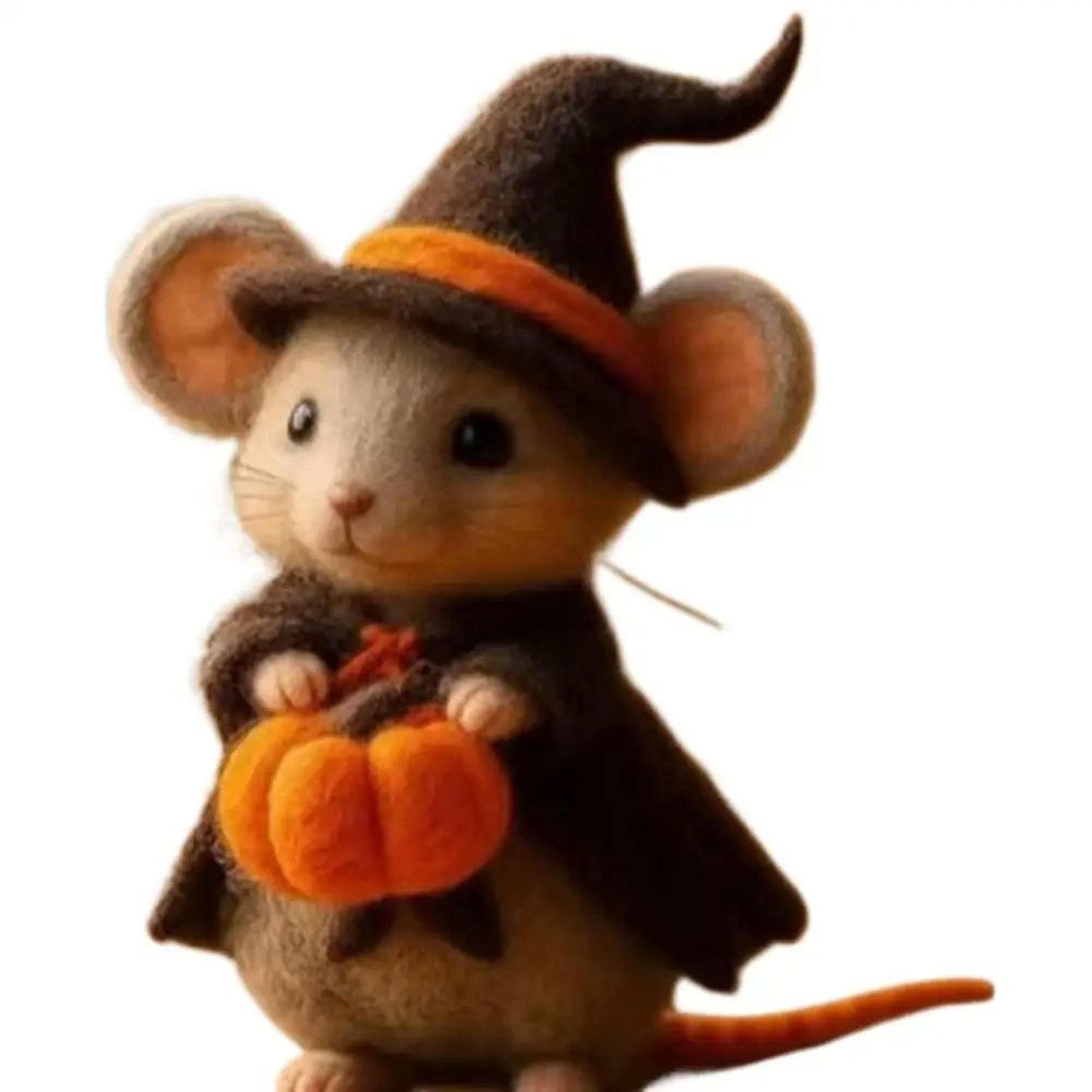 Handmade Wool Felt Mouse Figurine With Pumpkin For Halloween And Christmas Decor 7