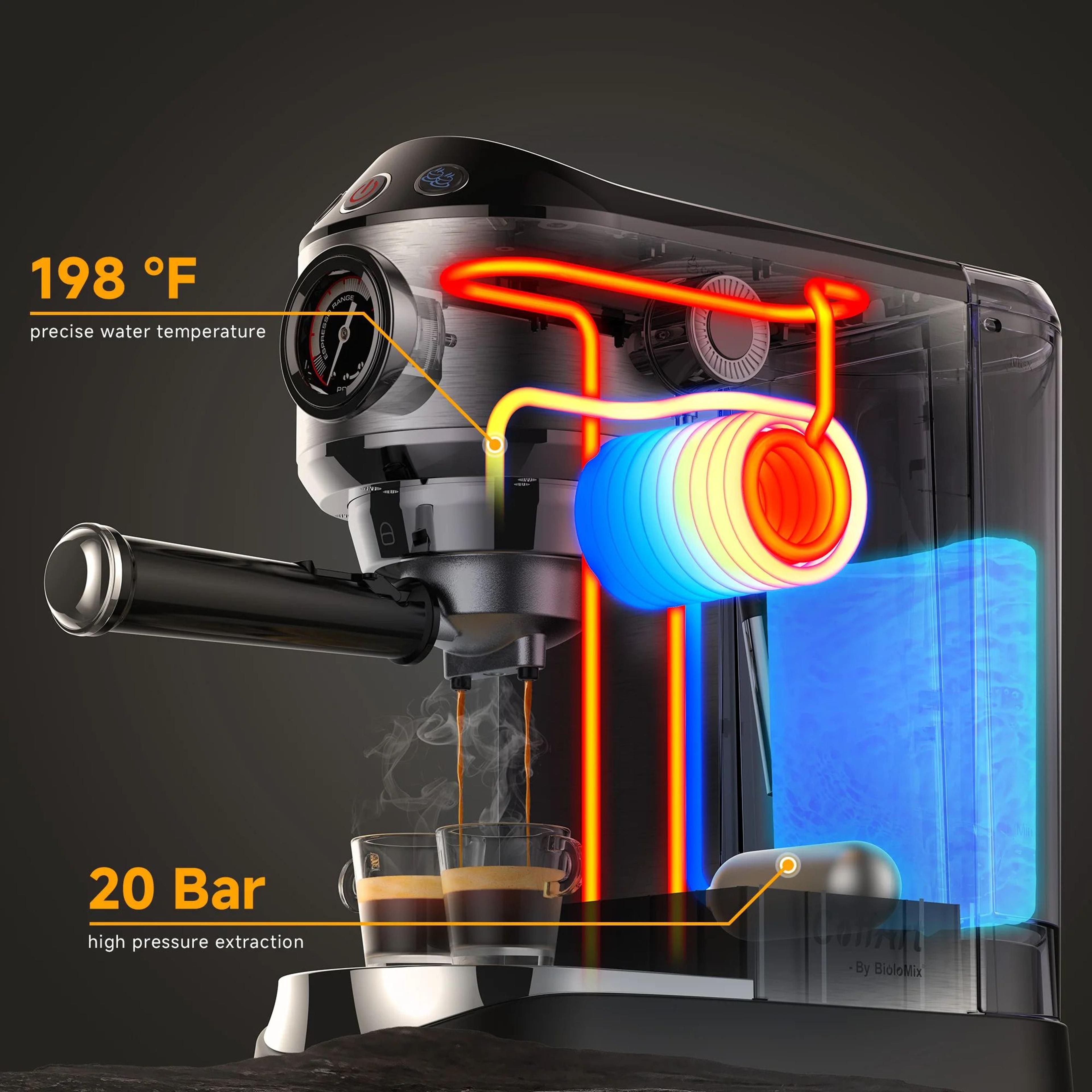 BioloMix 20 Bar Semi Automatic Espresso Machine With Milk Frother Wand 5