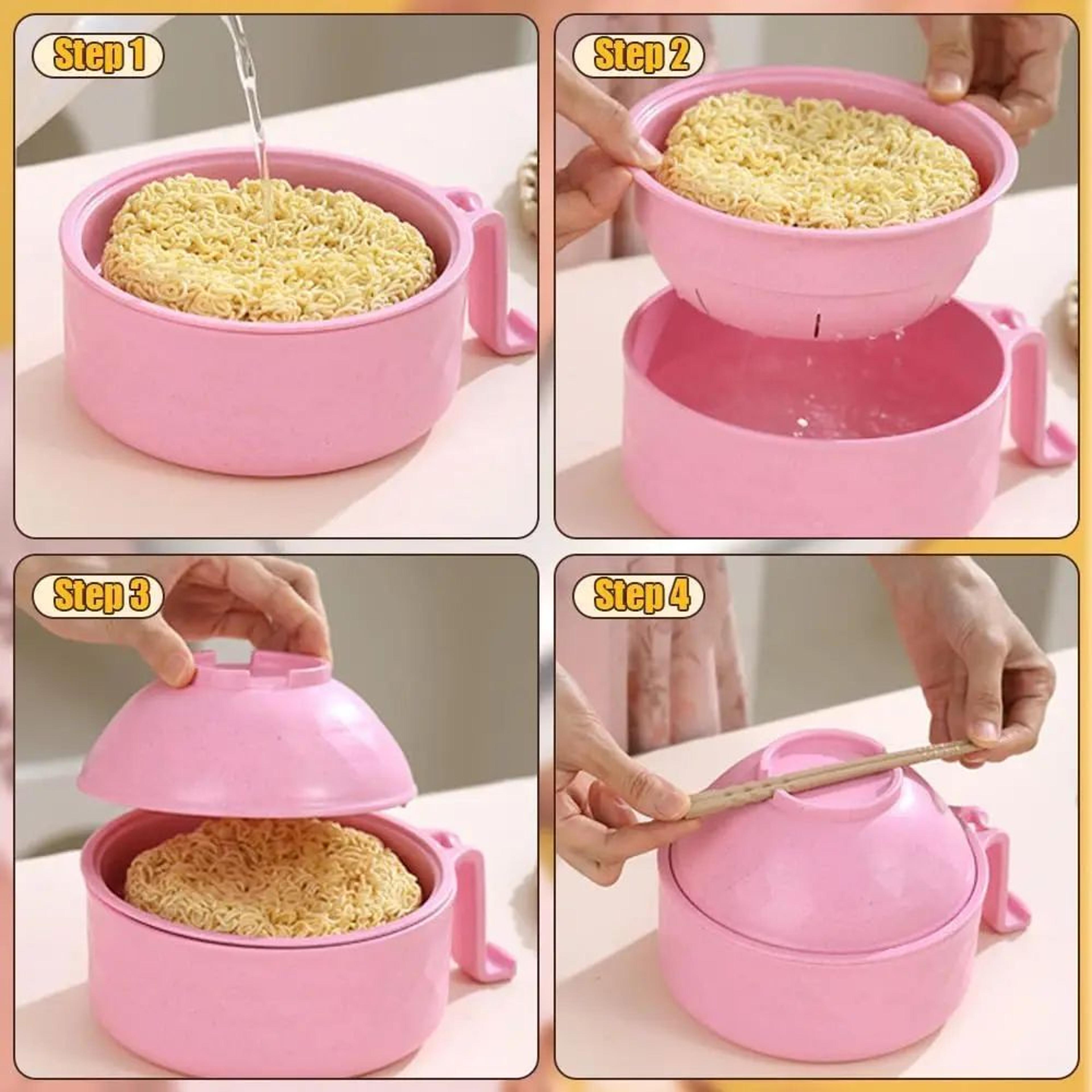 Microwave Ramen Cooker Bowl Set With Strainer Handles And Utensils 3