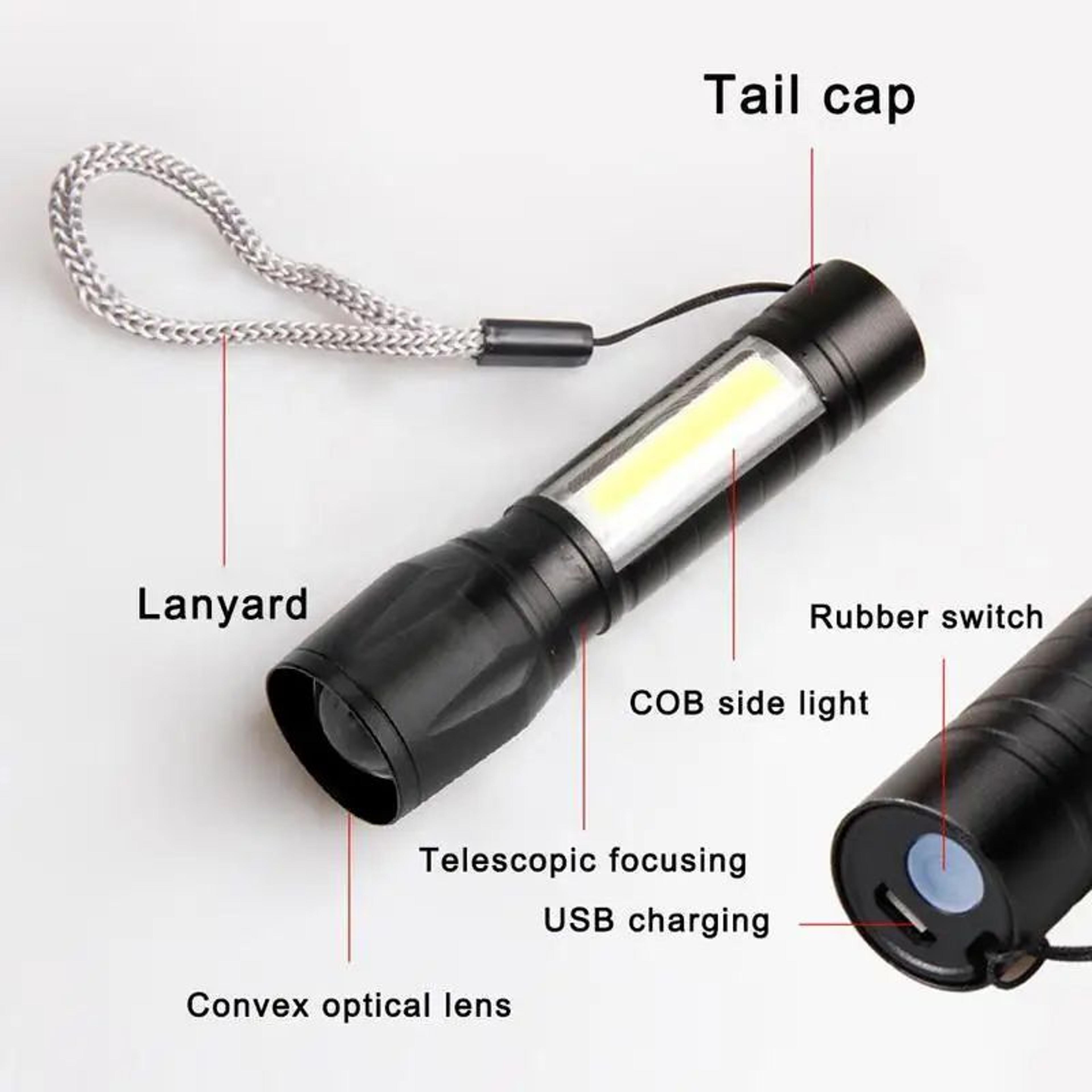 Rechargeable LED Flashlight With COB Side Light And Telescopic Zoom 1