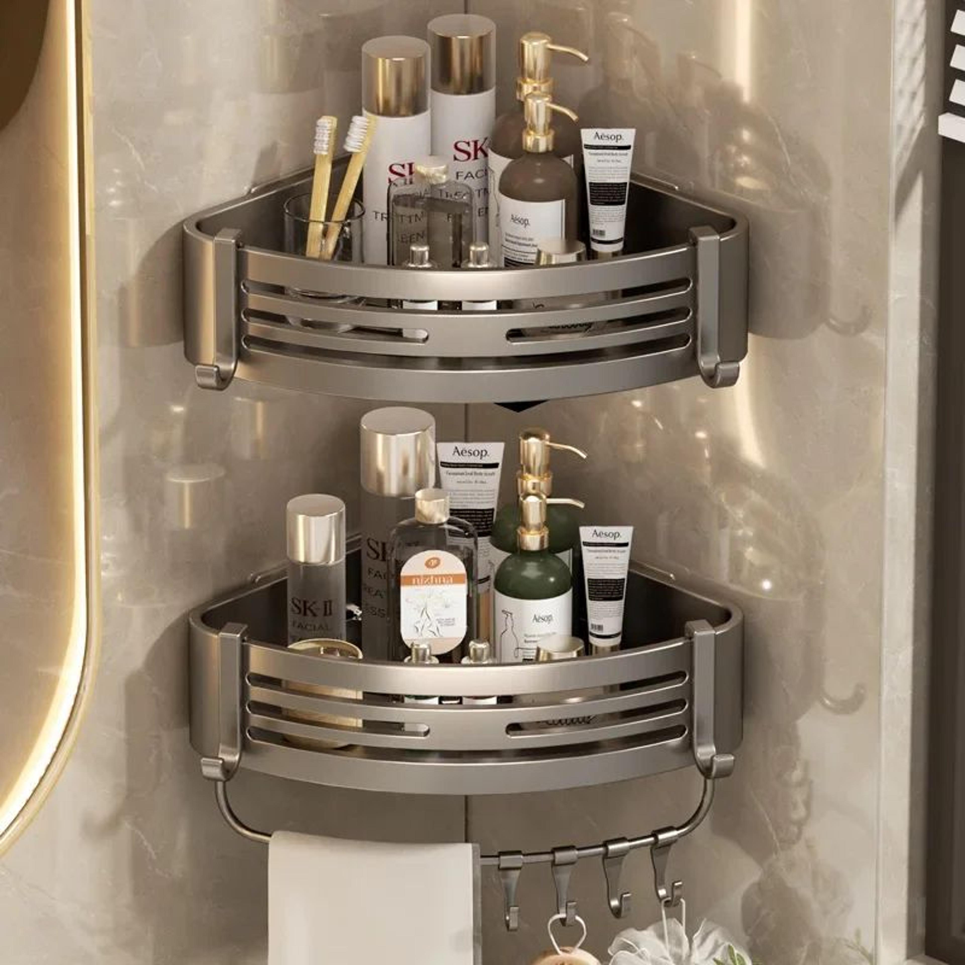 NoDrill Aluminum Corner Shower Shelf With Towel Bar And Hooks 1