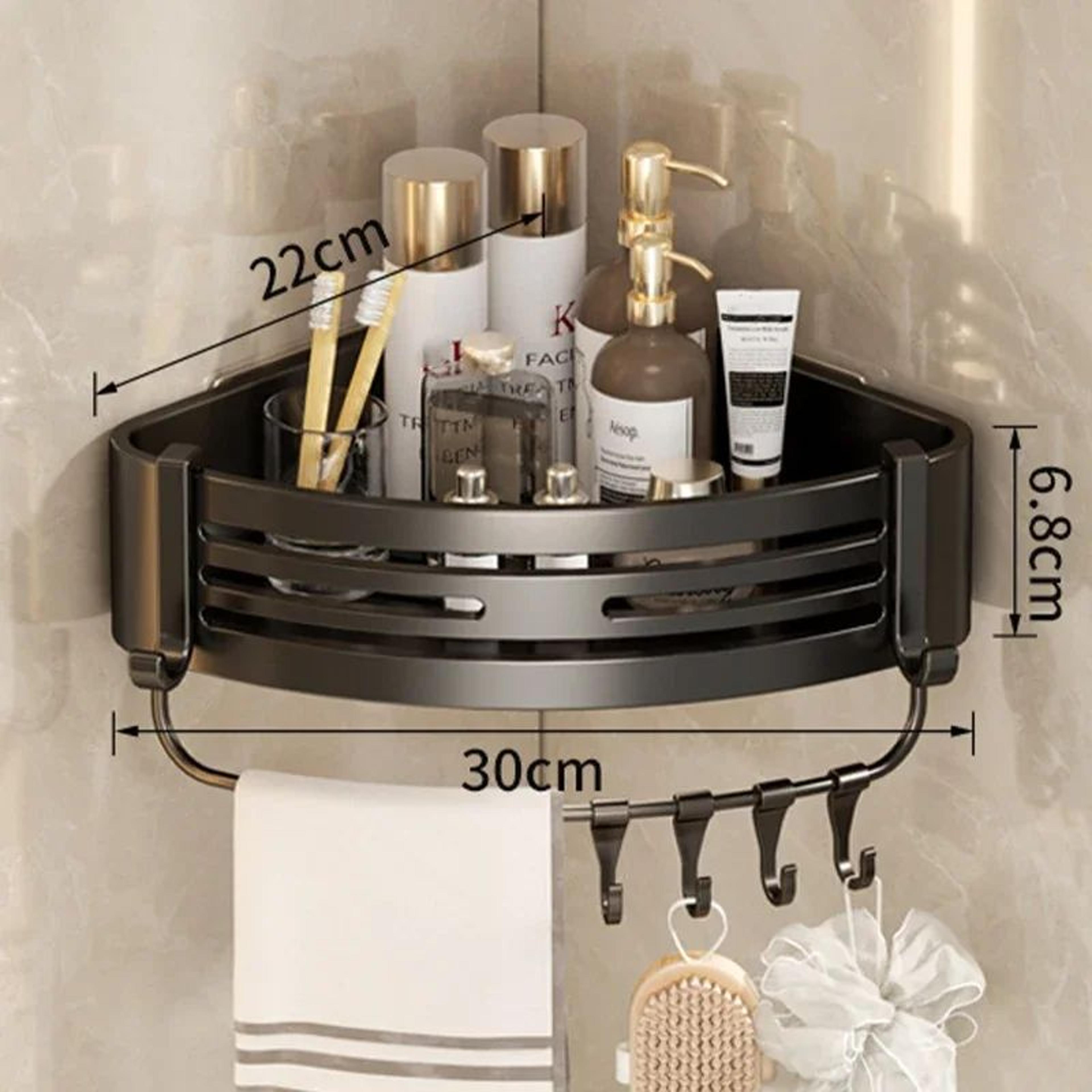 NoDrill Aluminum Corner Shower Shelf With Towel Bar And Hooks 6