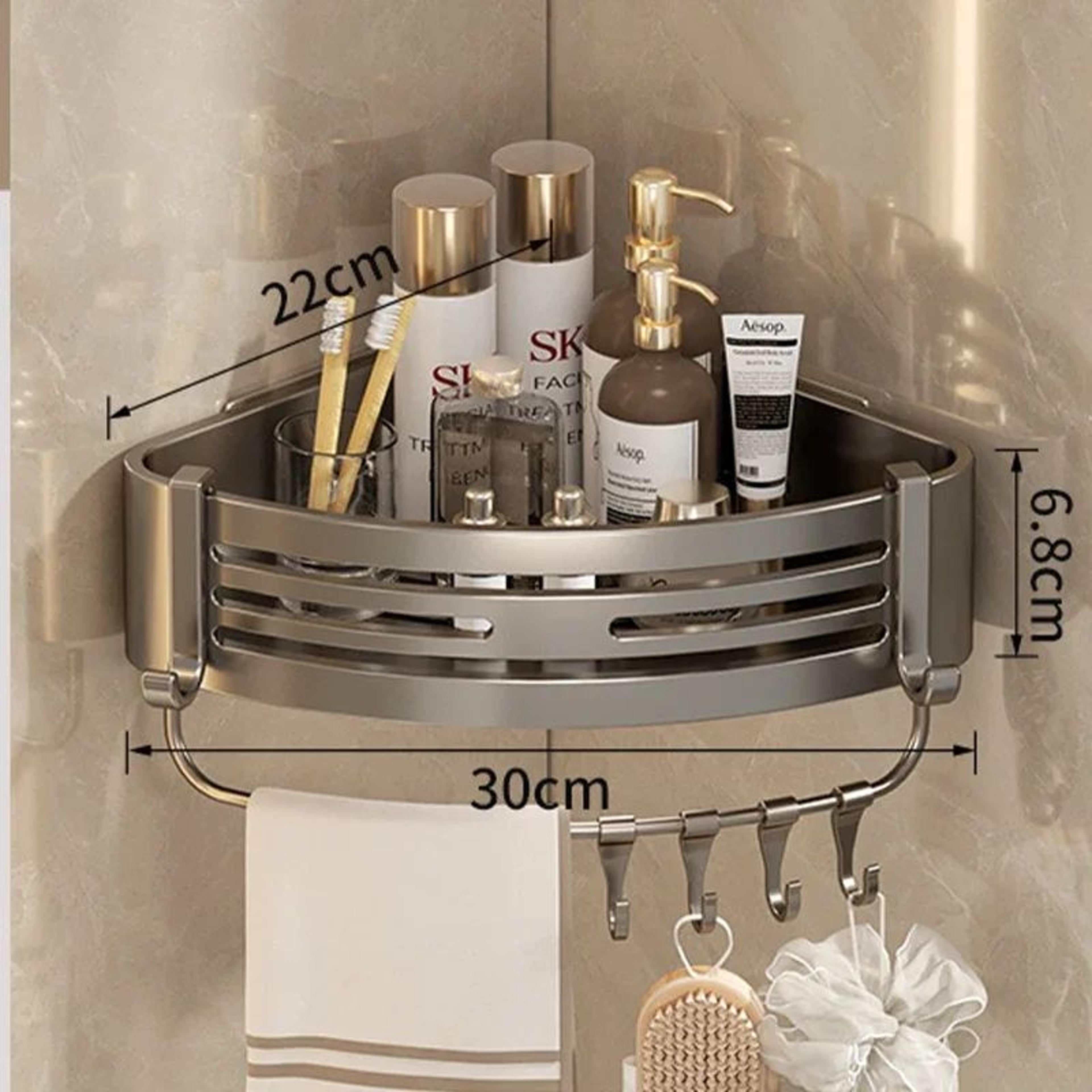 NoDrill Aluminum Corner Shower Shelf With Towel Bar And Hooks 7