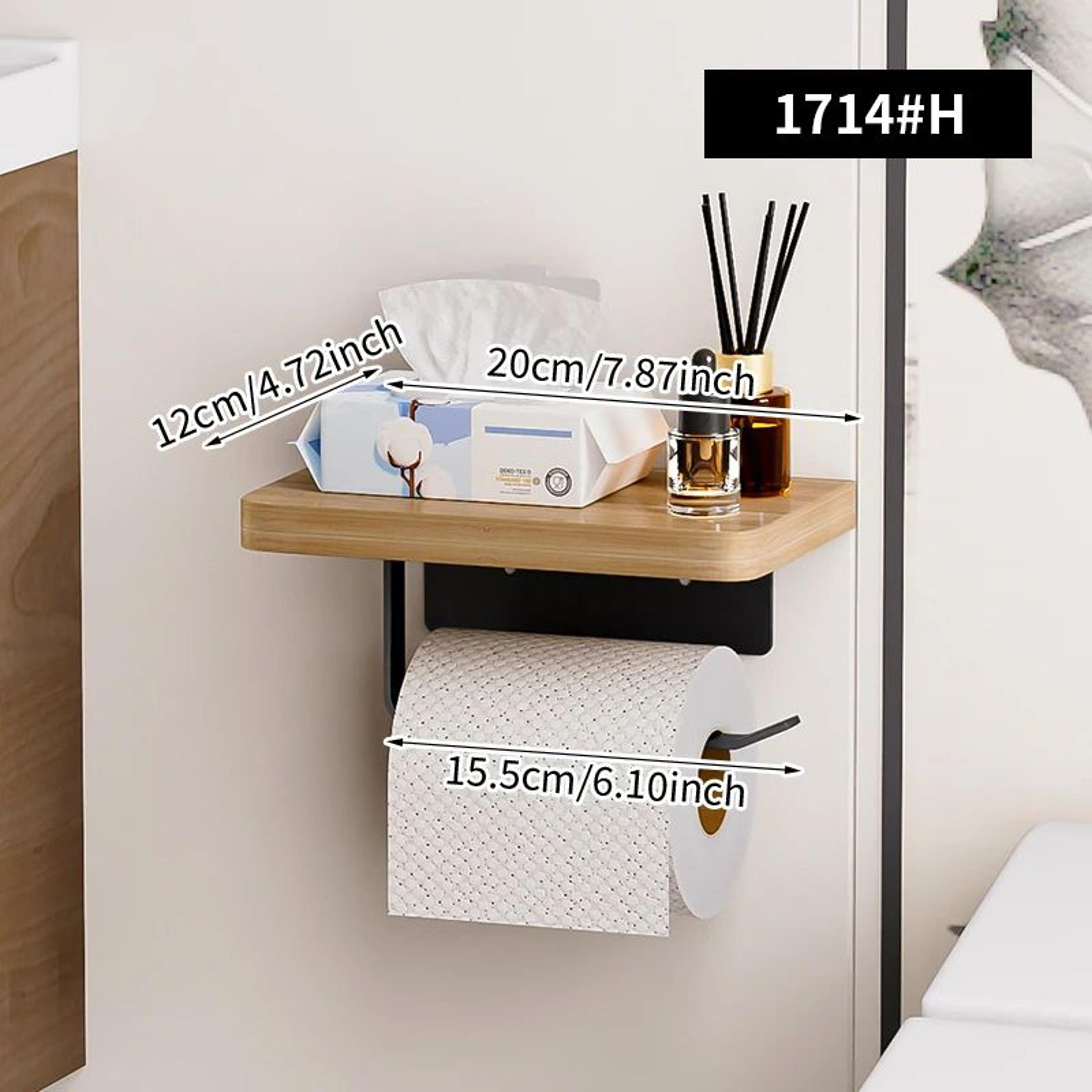Wooden Wall Mounted Toilet Paper Holder With Shelf And Towel Storage 8