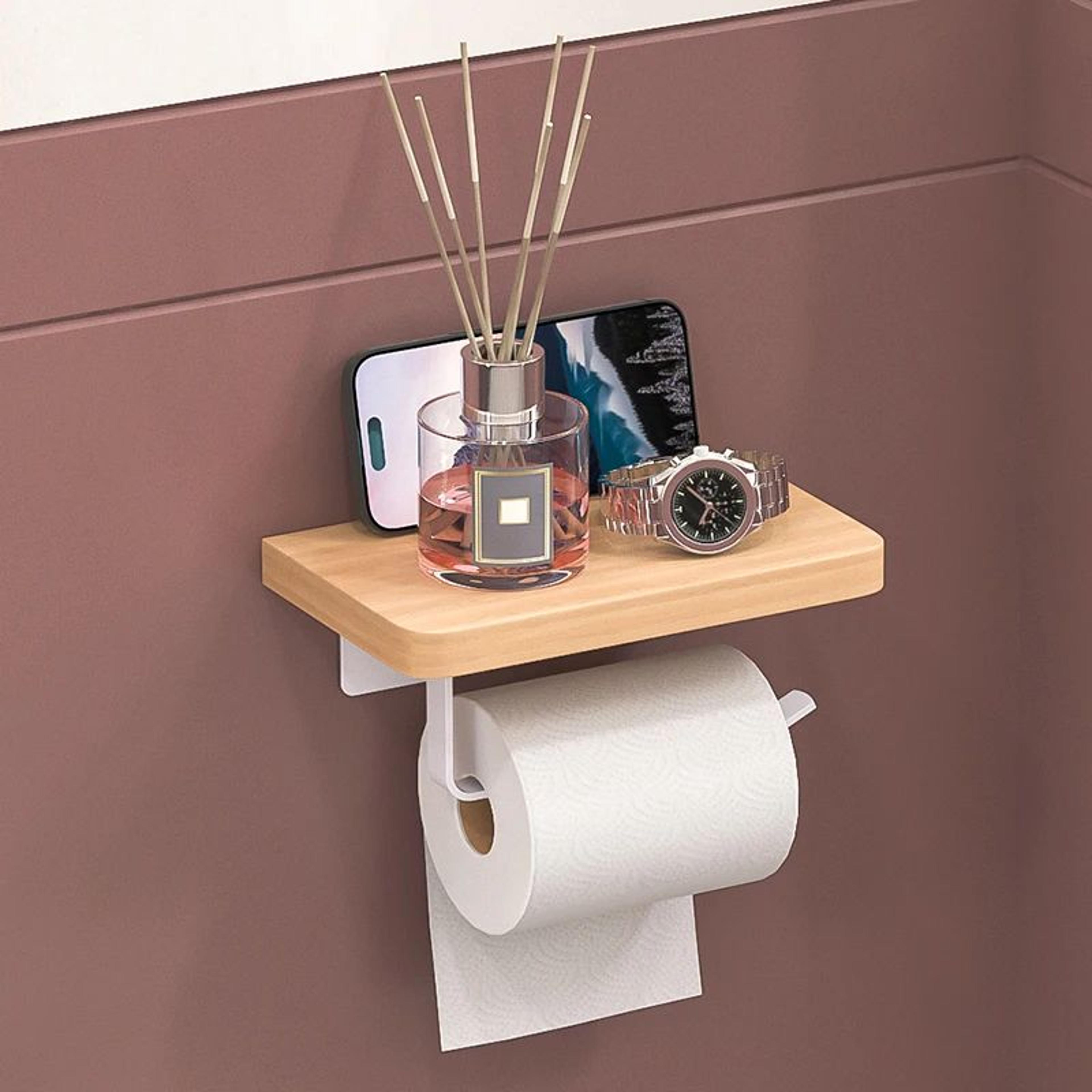 wooden wall mounted toilet paper holder - space-saving bathroom roll dispenser