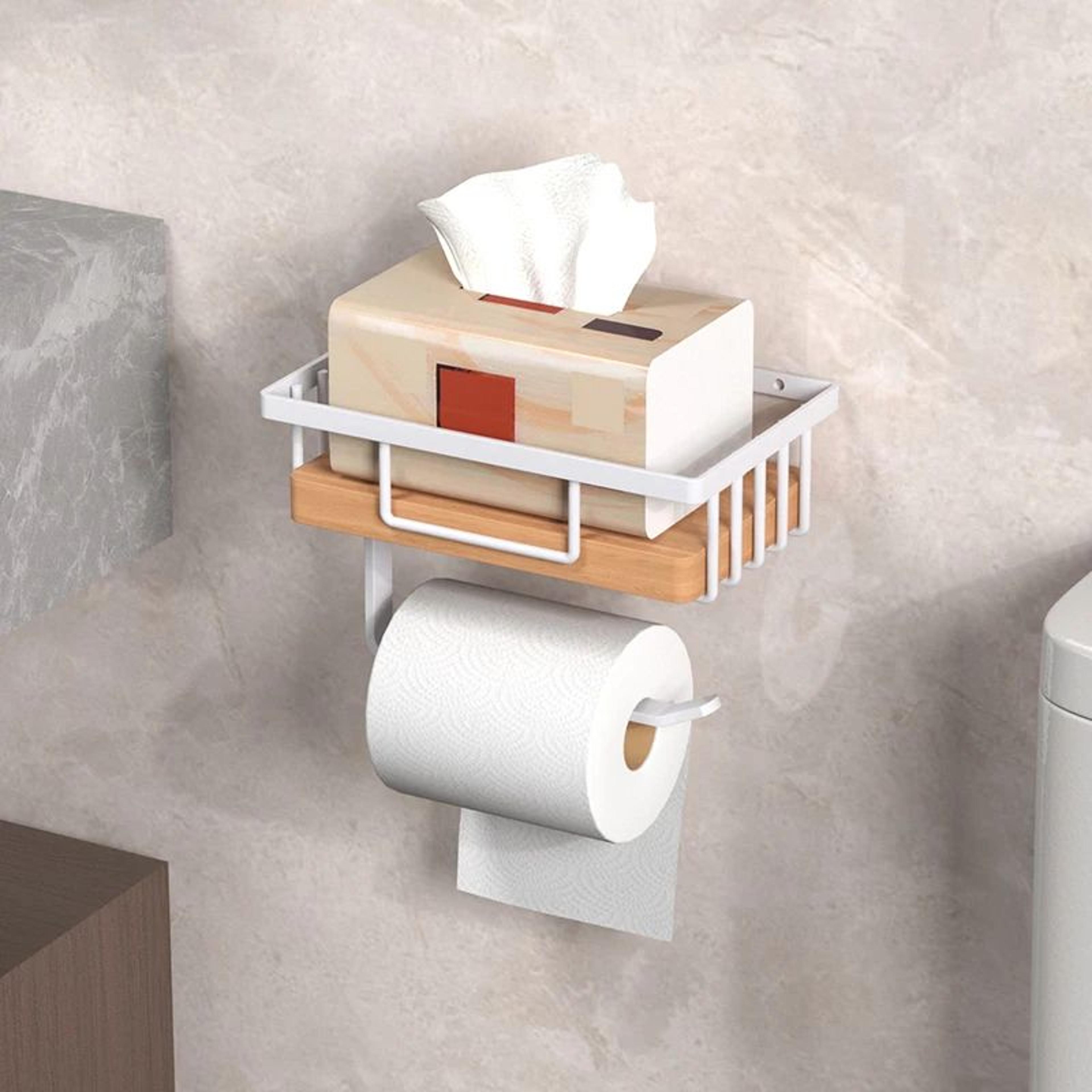 Wooden Toilet Paper Holder With Shelf Wall Mounted Bathroom Organizer 1