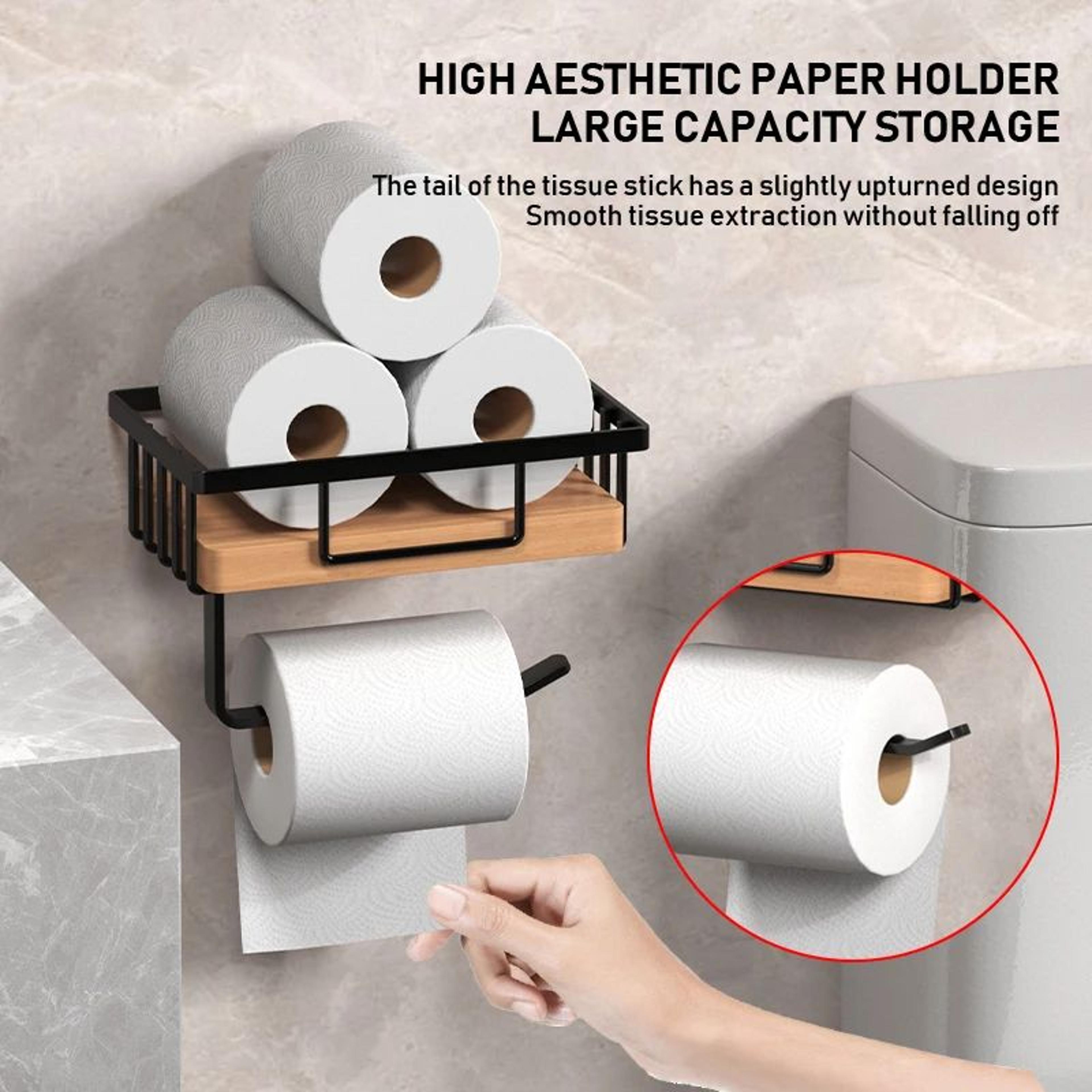 Wooden Toilet Paper Holder With Shelf Wall Mounted Bathroom Organizer 4