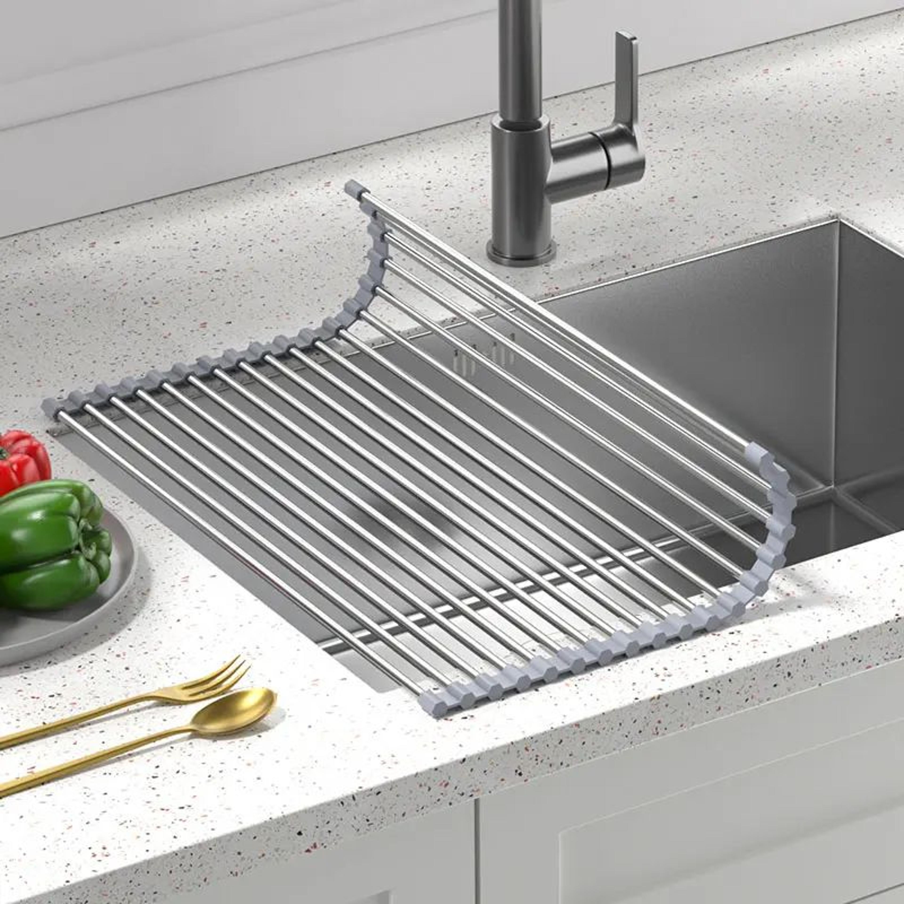 Roll Up Over Sink Stainless Steel Dish Drying Rack 1