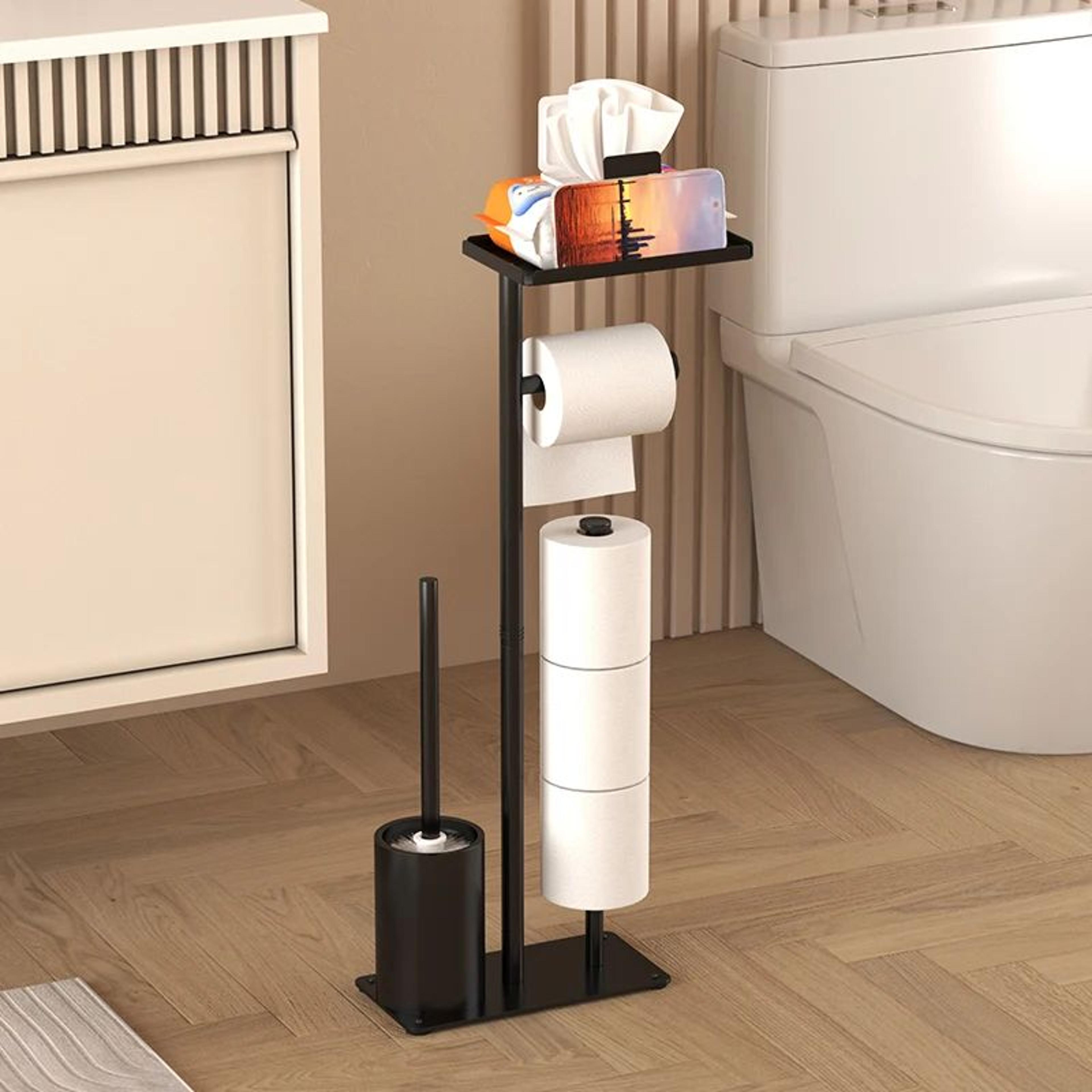 Floor Standing Toilet Paper Holder With Magnetic Roll Bar And Toilet Brush Storage Tray 1