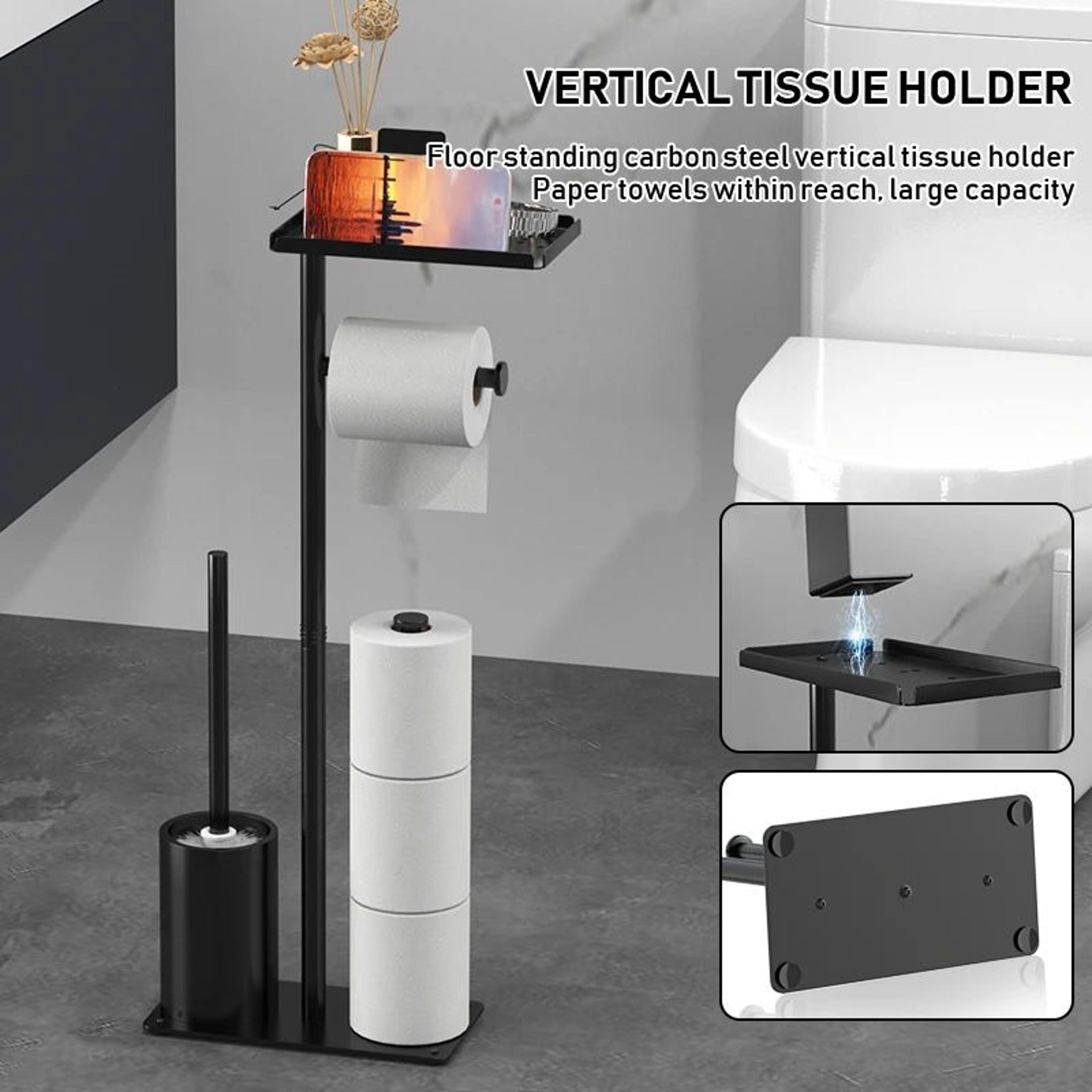 Freestanding Toilet Paper Holder With Storage Tray And Magnetic Roll Bracket 4
