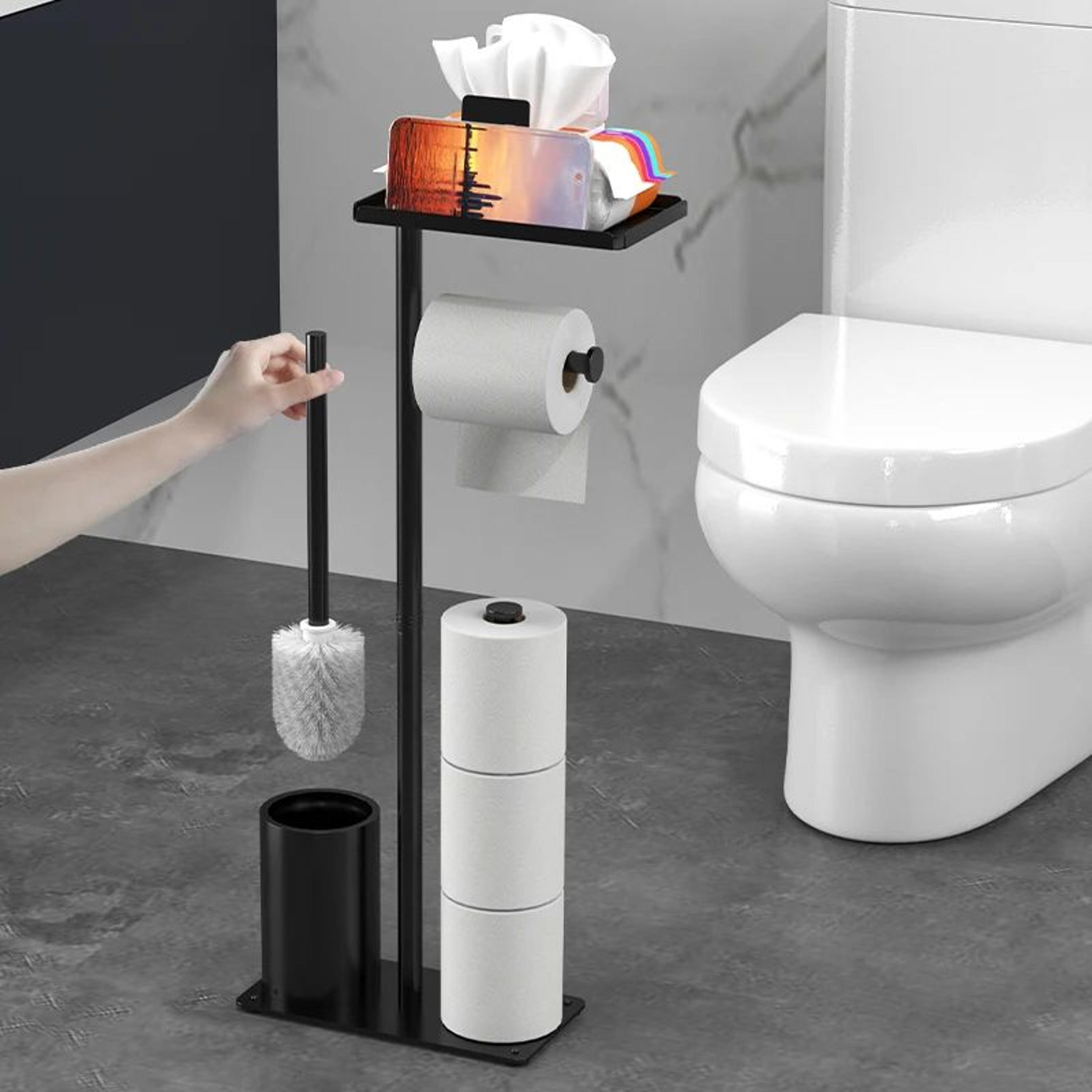Freestanding Toilet Paper Holder With Storage Tray And Magnetic Roll Bracket 1