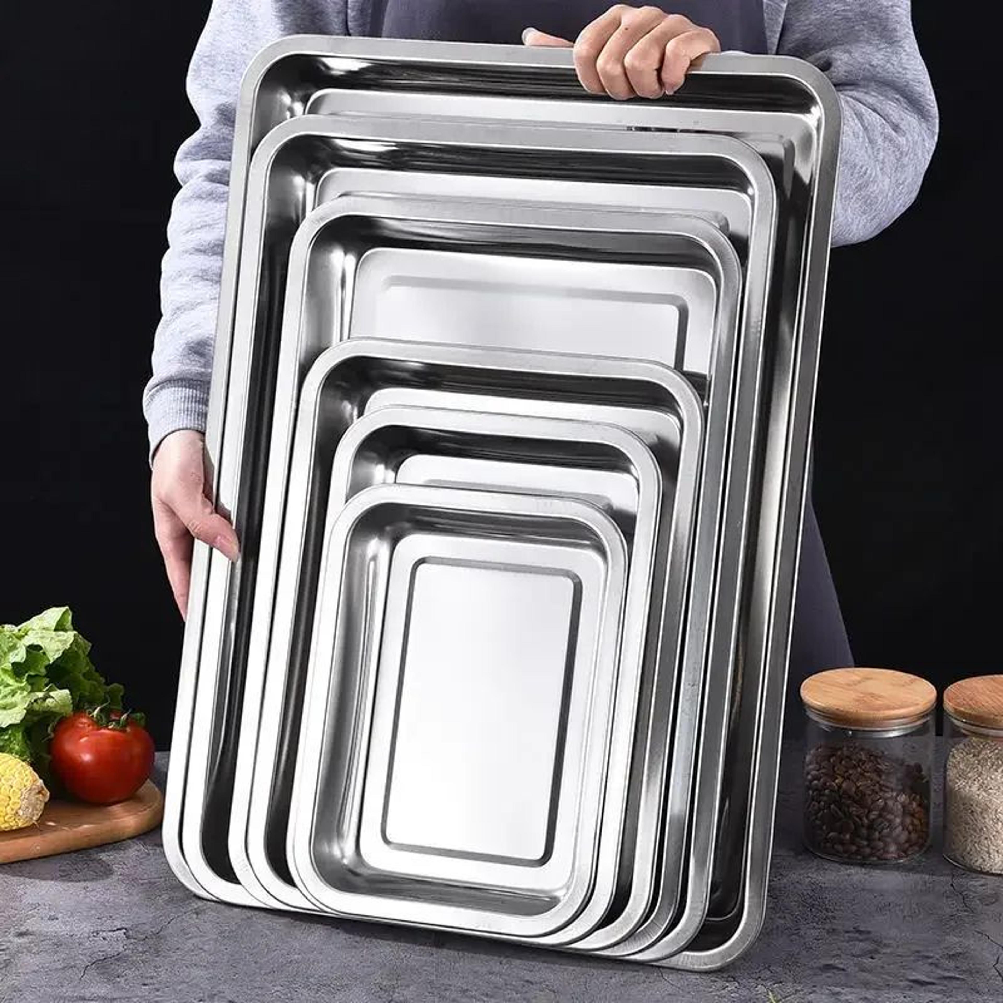stainless steel rectangular food serving tray for bbq, kitchen and restaurant