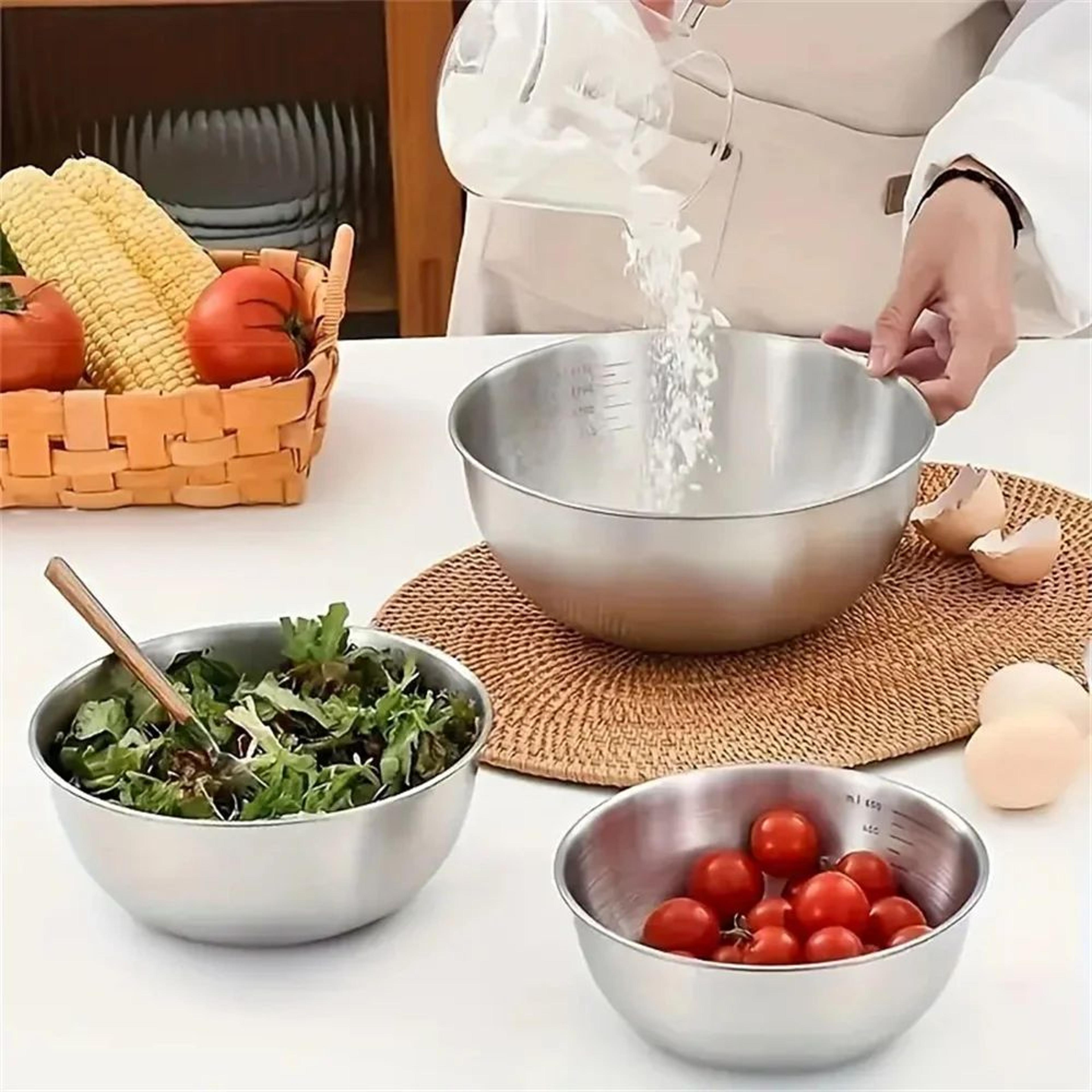 stainless steel mixing bowl set with measurement scale for baking, cooking and food prep