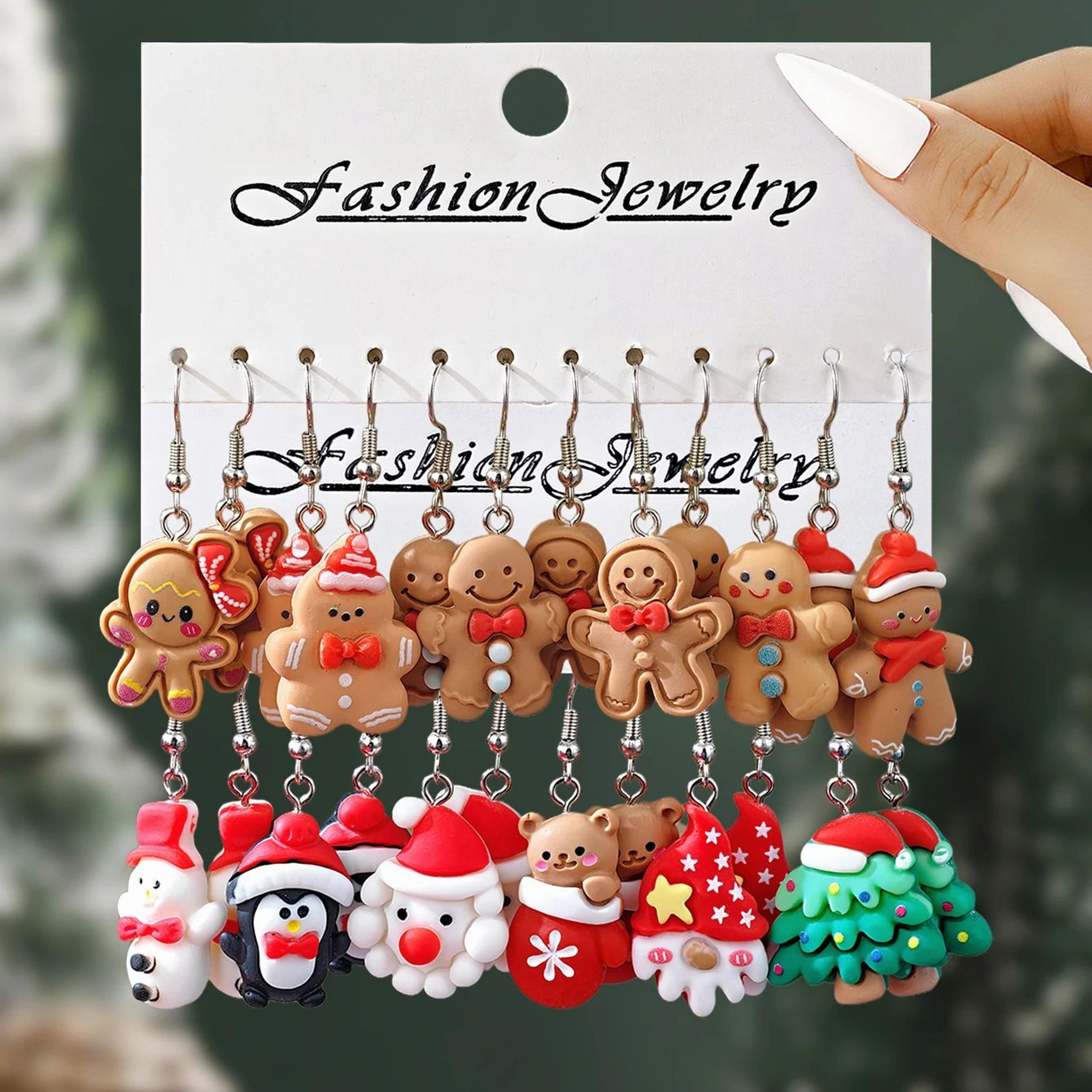 Cute Christmas Resin Dangle Earrings Set  Gingerbread Santa Tree And Penguin Holiday Jewelry 0