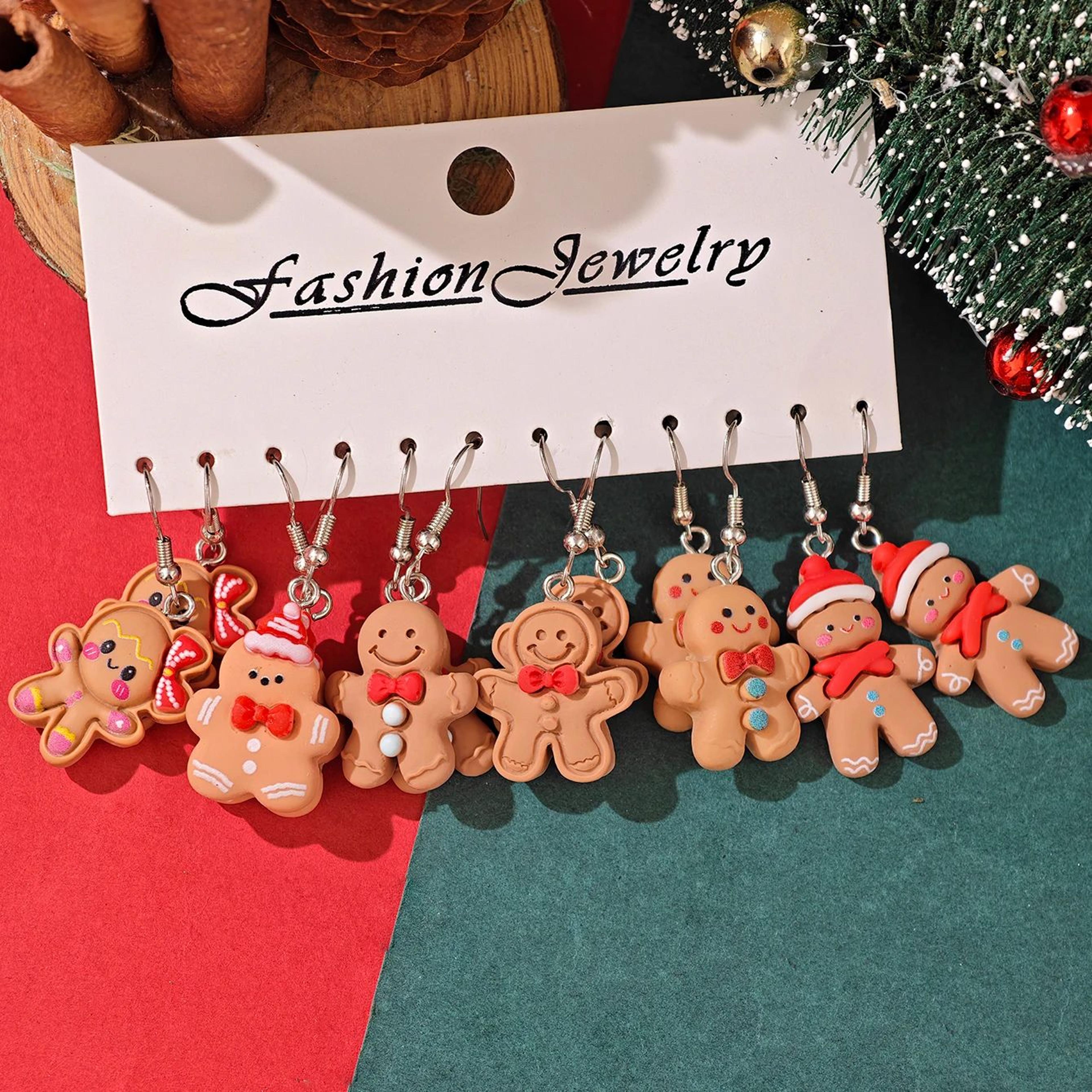 Cute Christmas Resin Dangle Earrings Set  Gingerbread Santa Tree And Penguin Holiday Jewelry 7