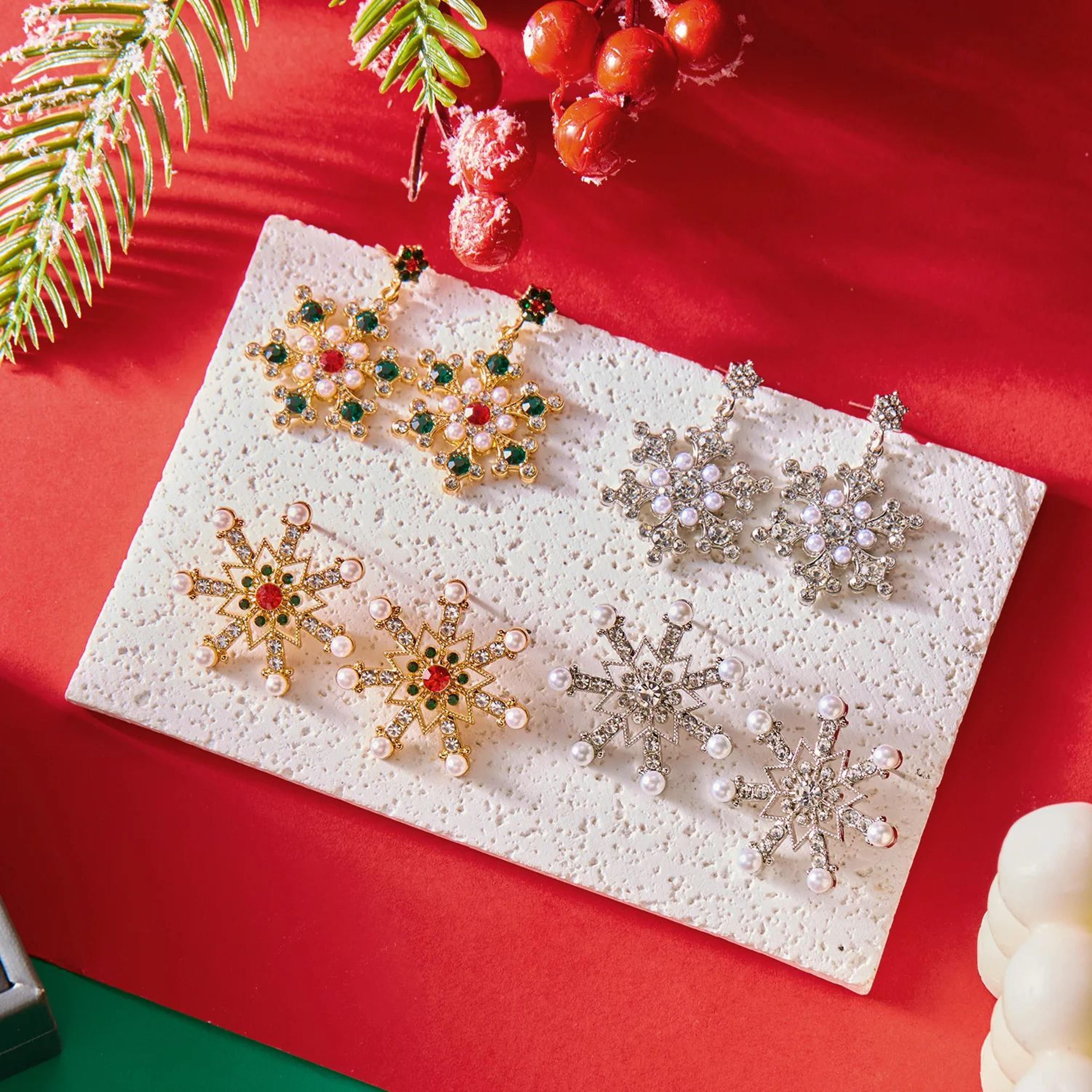 Christmas Snowflake Stud Earrings With Crystal Zircon And Pearl Dangle 3