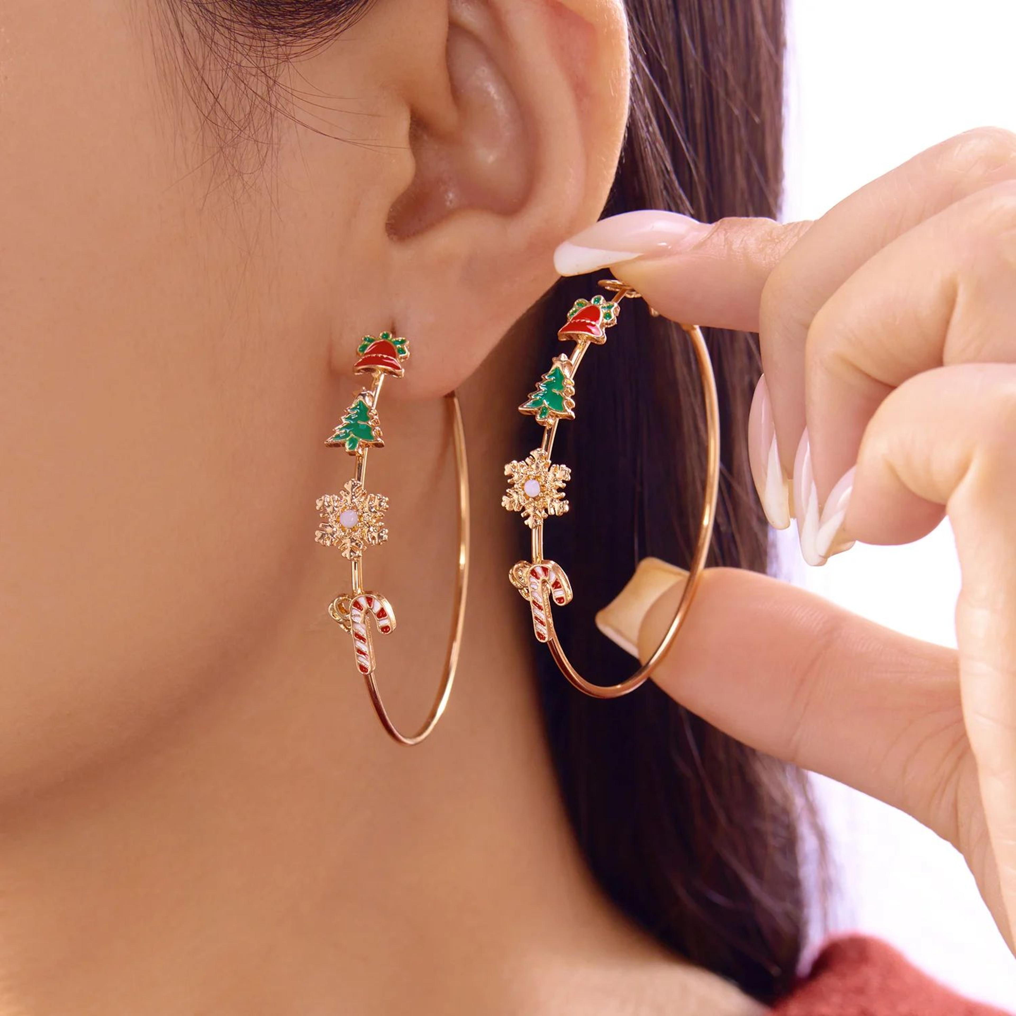 christmas enamel hoop earrings with tree snowflake and candy cane charms