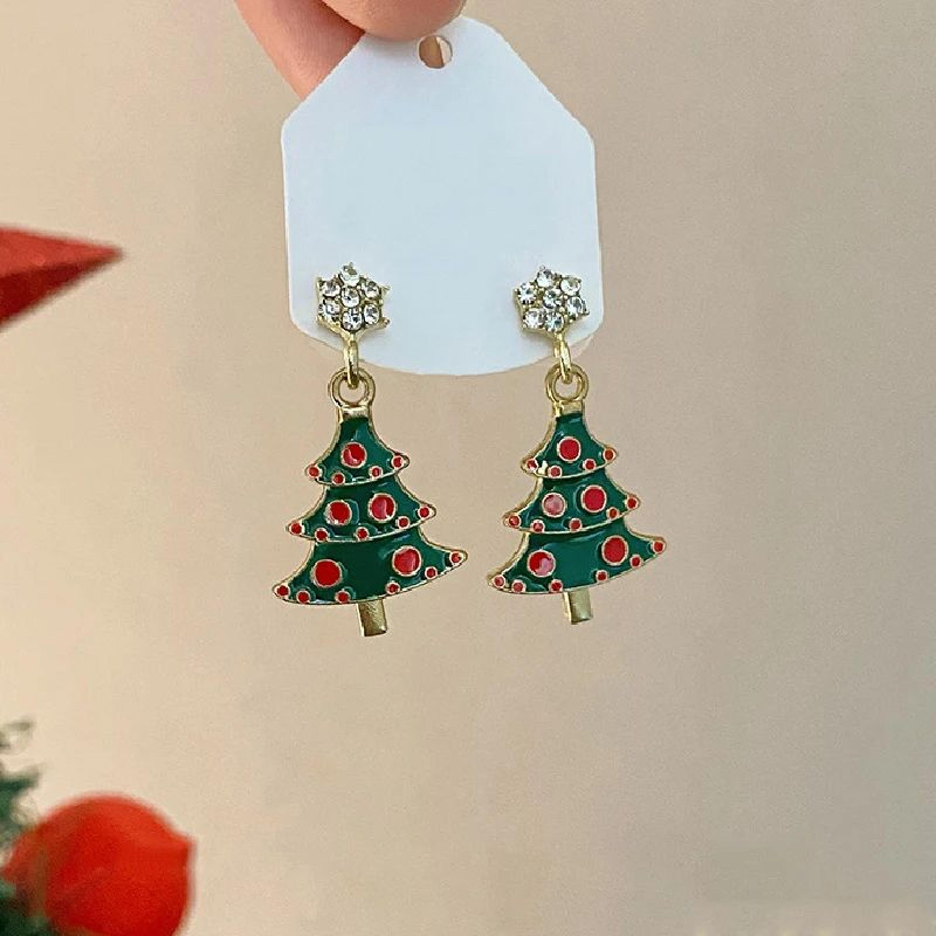 Green Christmas Tree Zircon Crystal Star Dangle Earrings 15