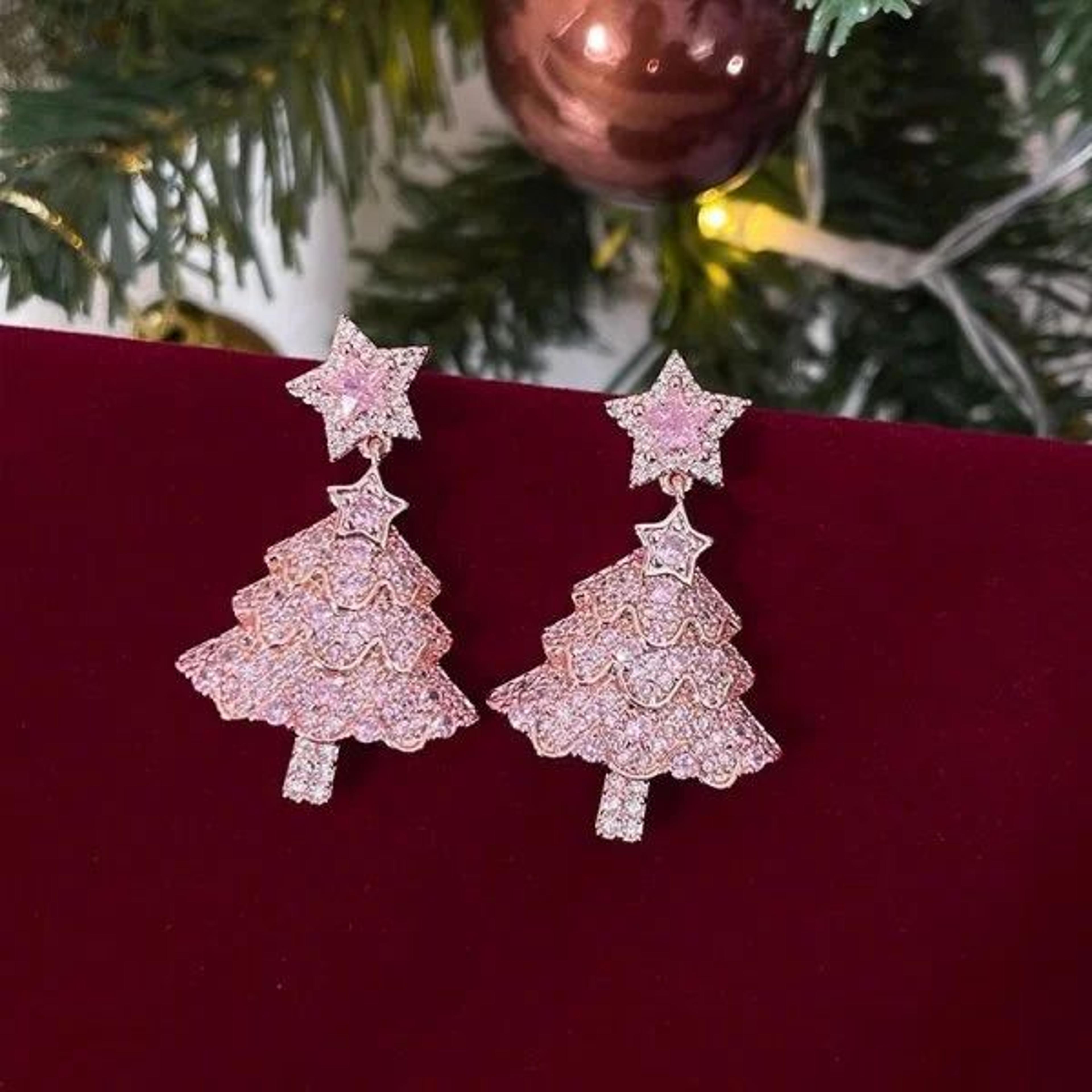 Green Christmas Tree Zircon Crystal Star Dangle Earrings 12