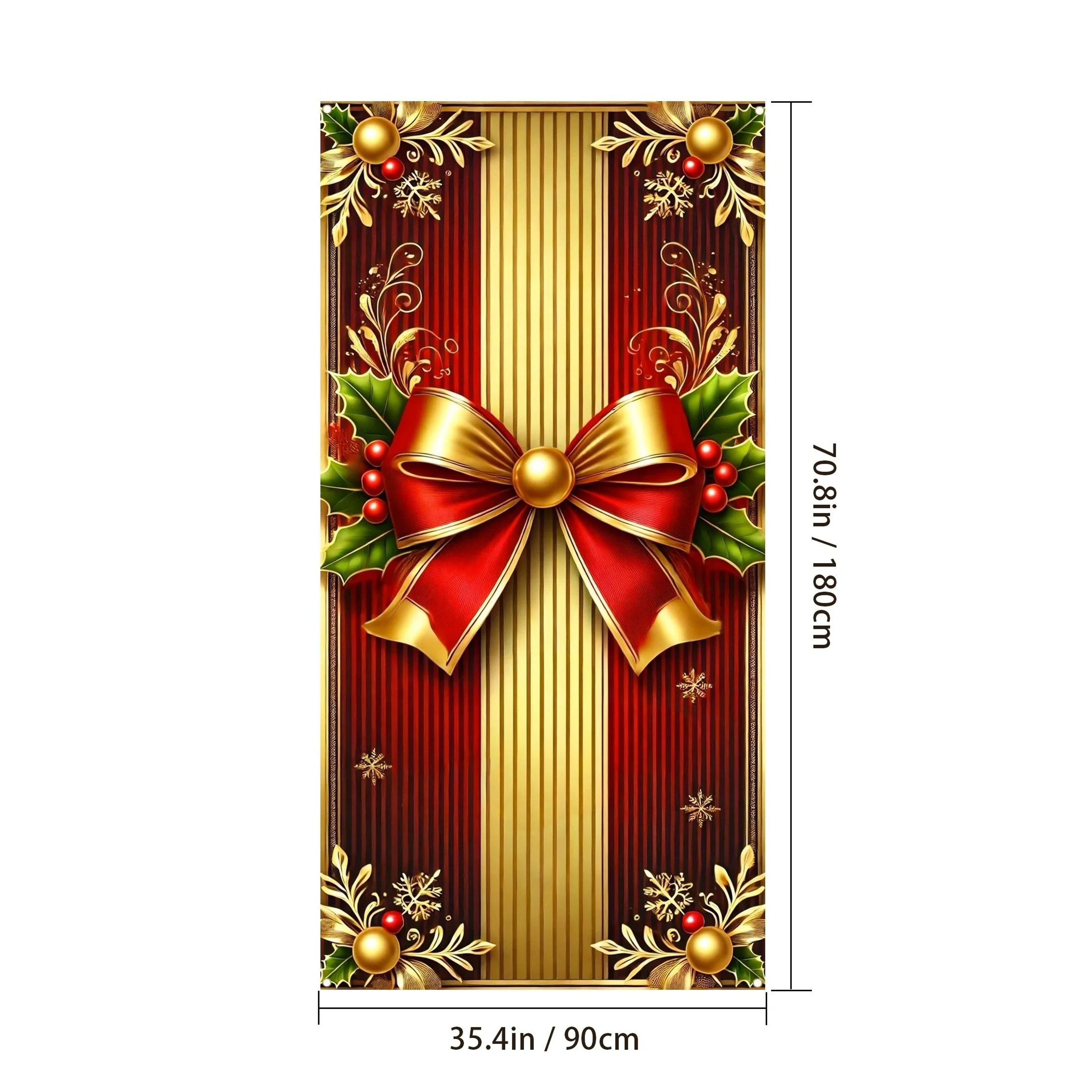 Red Gold Christmas Door Cover With Bow Holiday Door Banner 3