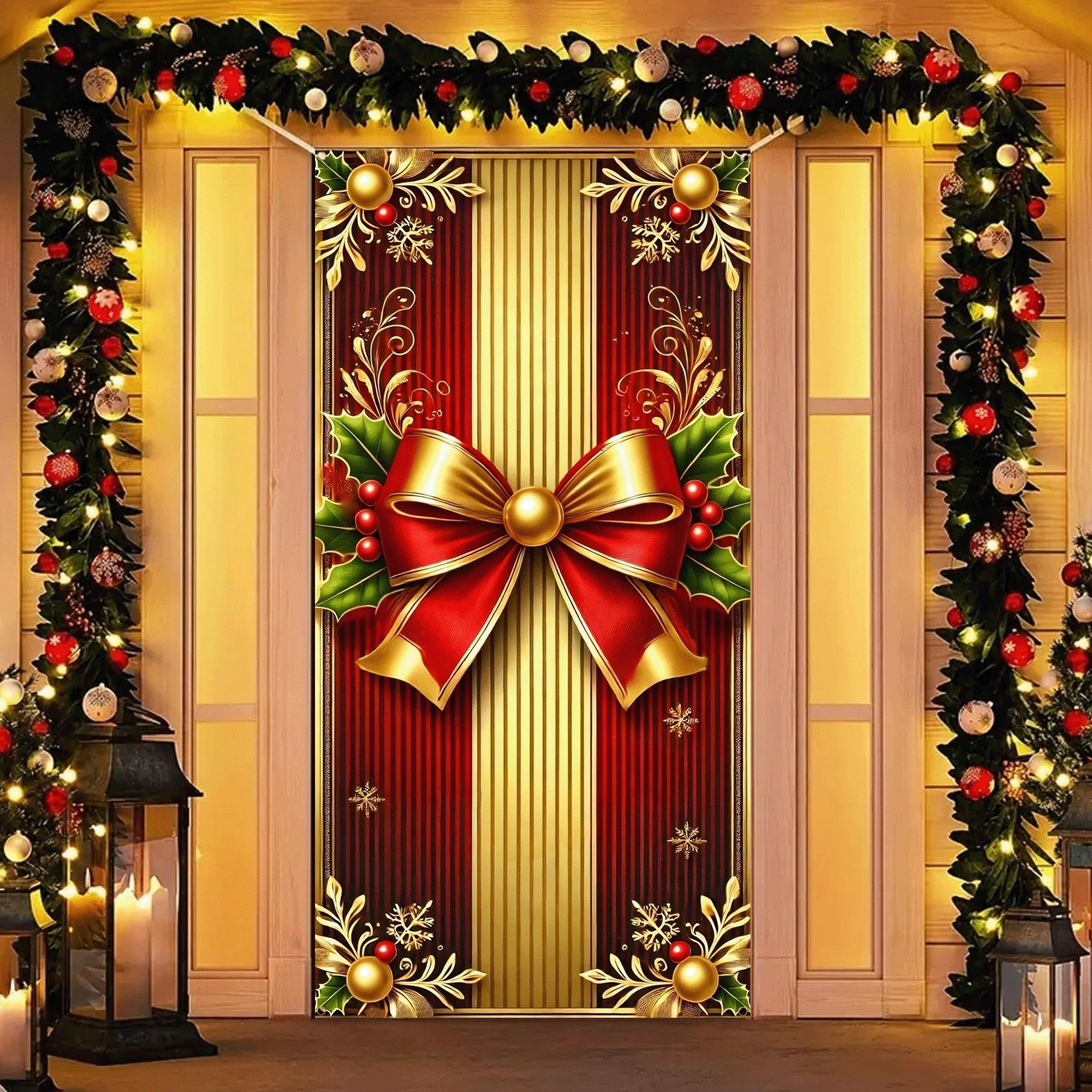 Red Gold Christmas Door Cover With Bow Holiday Door Banner 1
