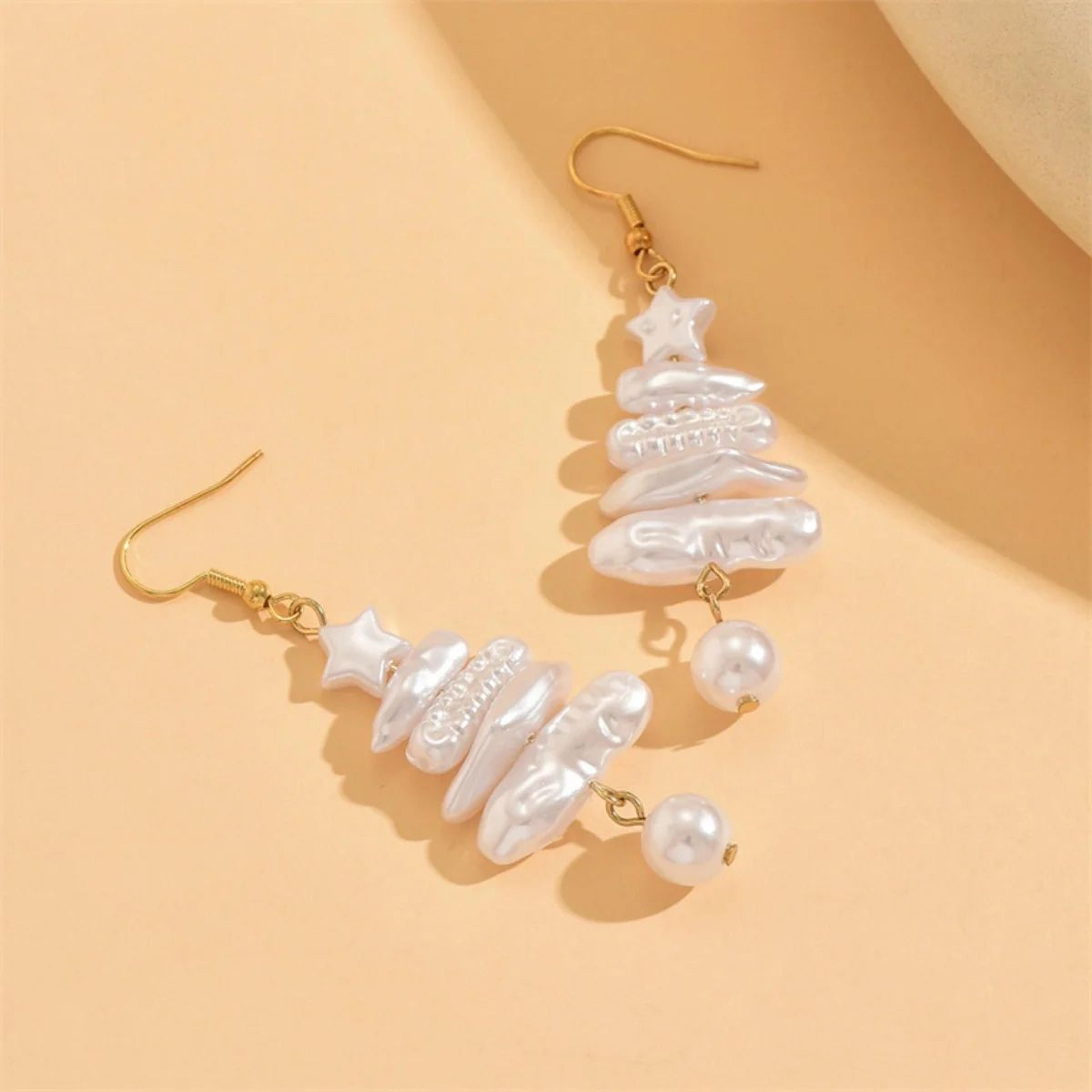 Baroque Pearl Christmas Tree Drop Earrings With Stacked Star Design 3