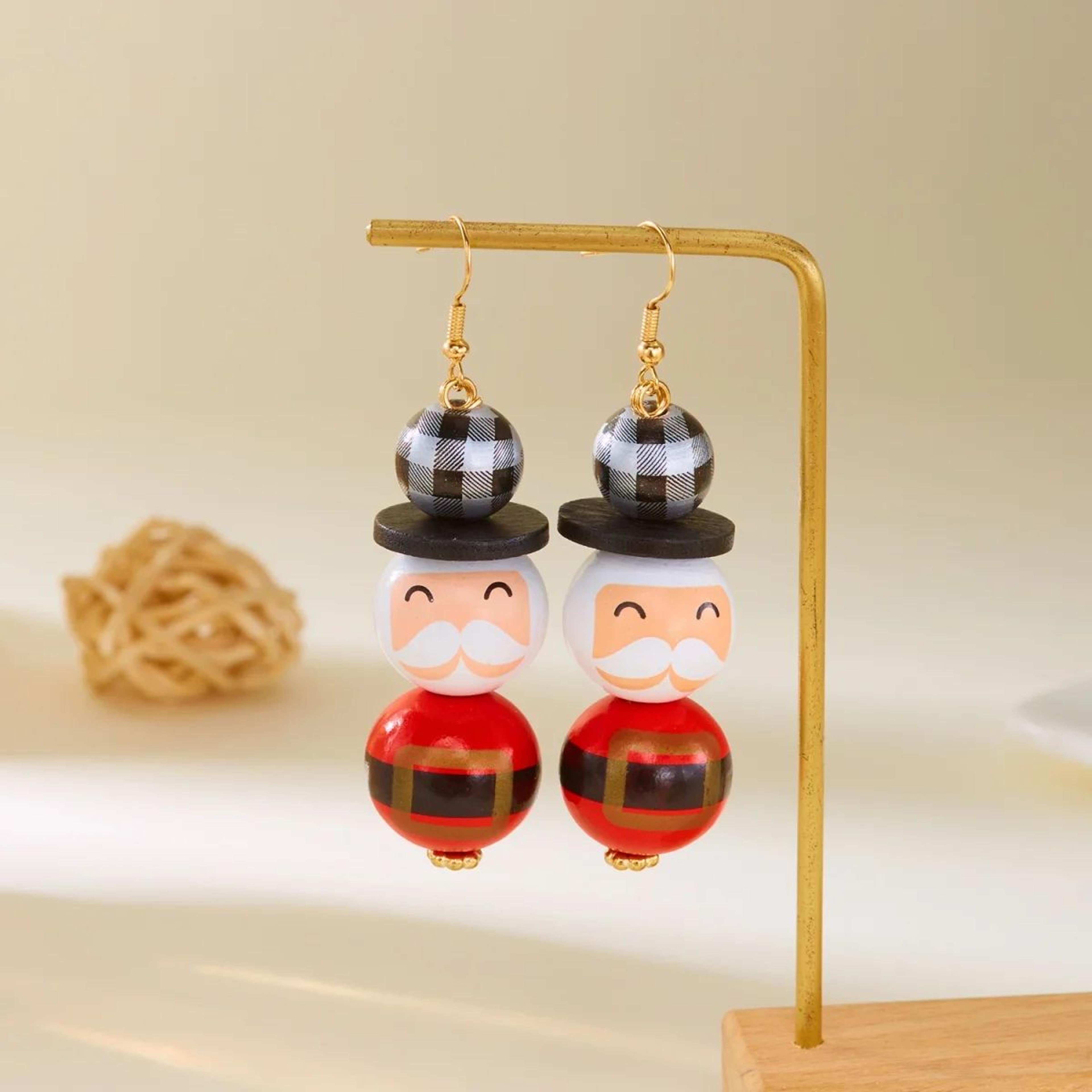 Wooden Santa And Snowman Christmas Dangle Earrings 2