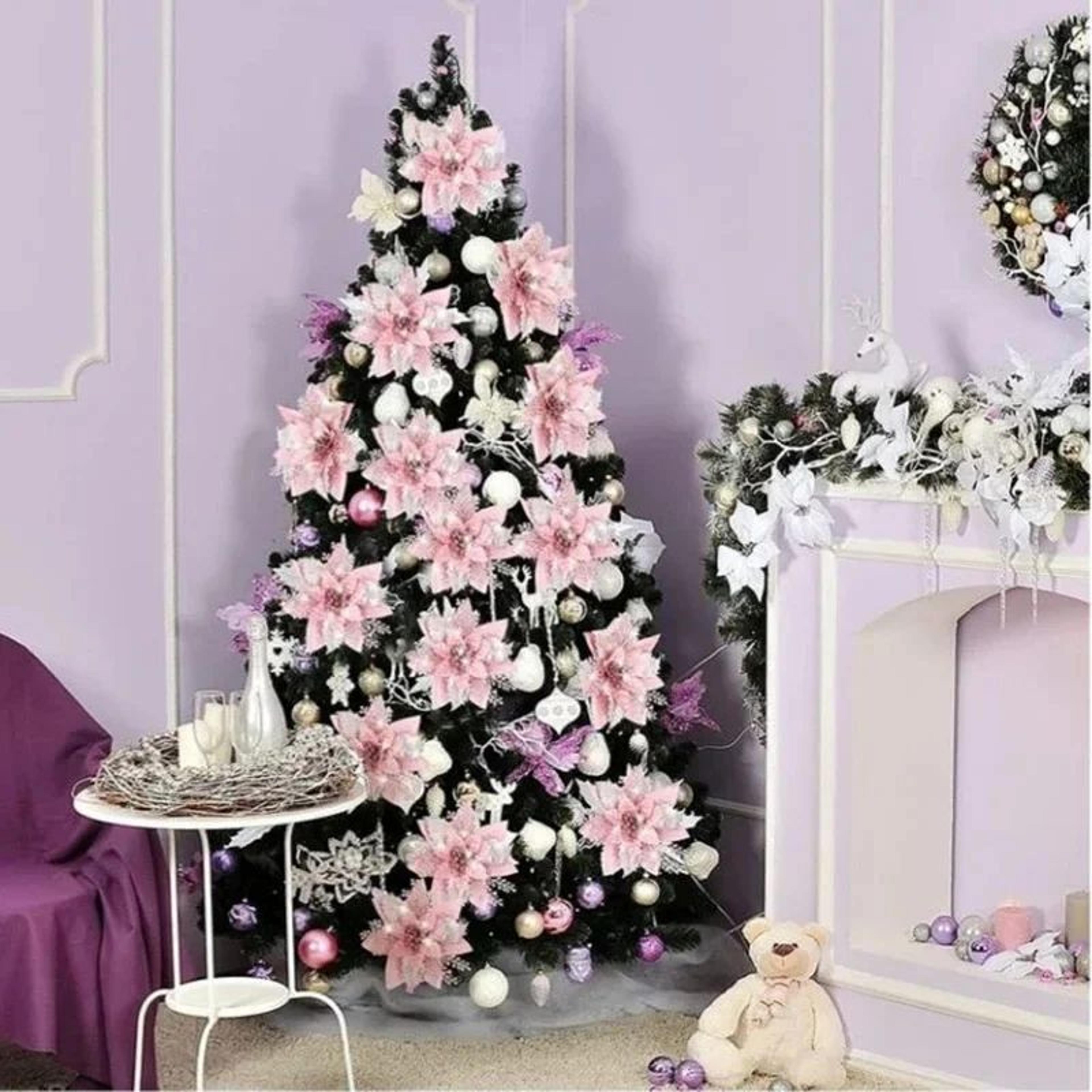 5PCS Pink Glitter Poinsettia Christmas Flowers 55 Inch Tree And Wreath Ornaments 1