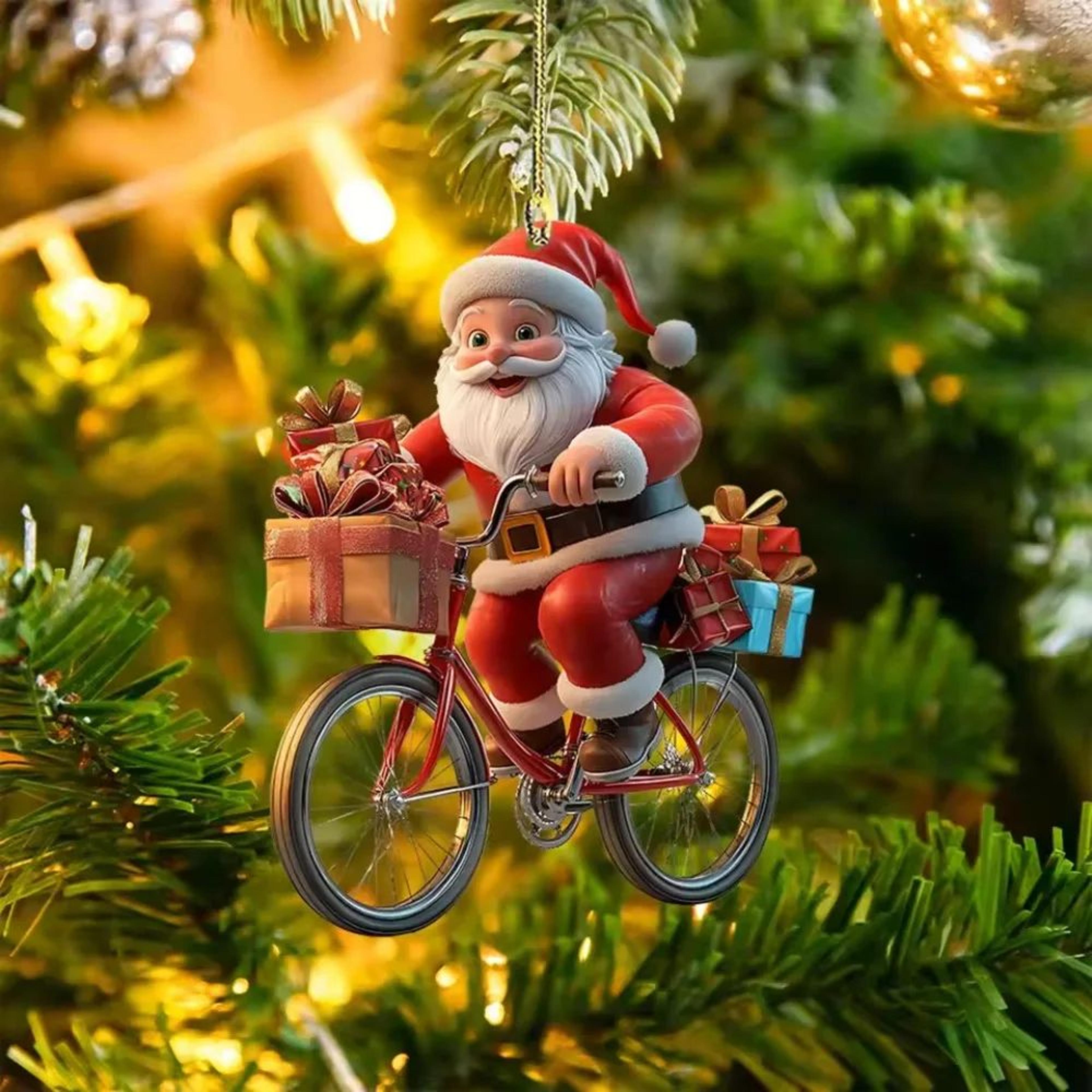 Santa Claus Bicycle Acrylic Christmas Ornament Hanging Decoration 4