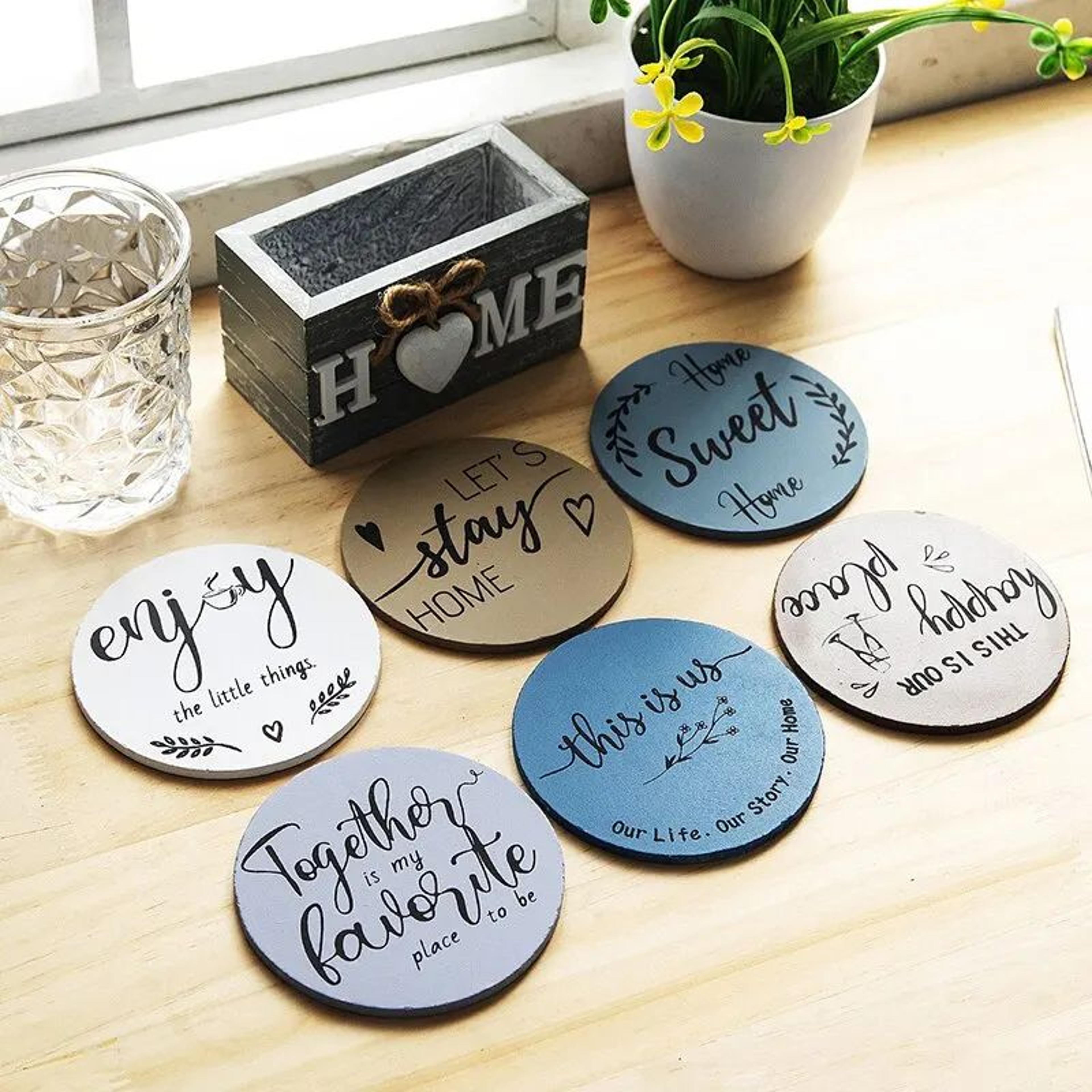 Home Love Wooden Coaster Set With Holder  Heat Resistant Drink Coasters 4