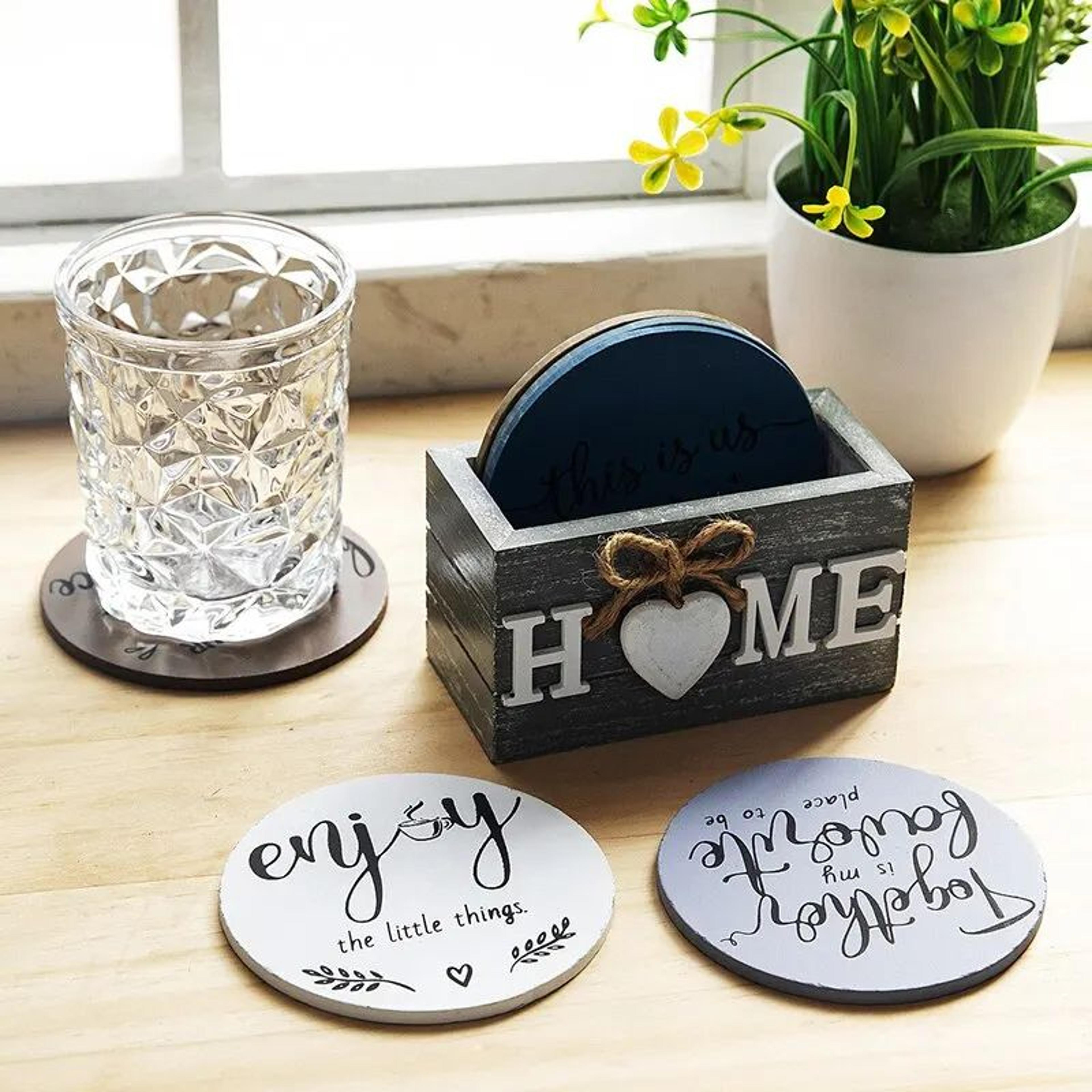 Home Love Wooden Coaster Set With Holder  Heat Resistant Drink Coasters 5