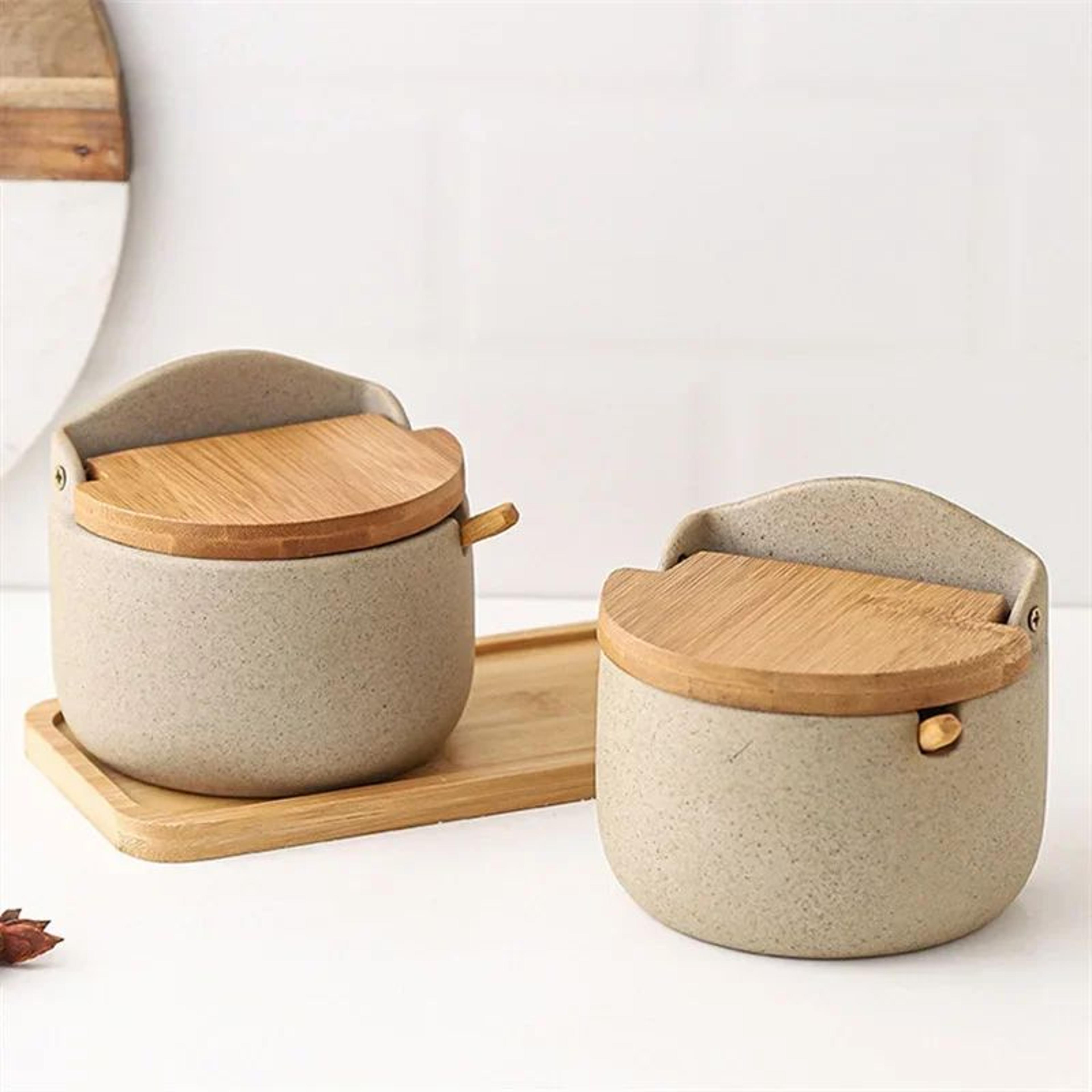 japanese ceramic spice jar with bamboo lid and spoon for salt, sugar and seasonings
