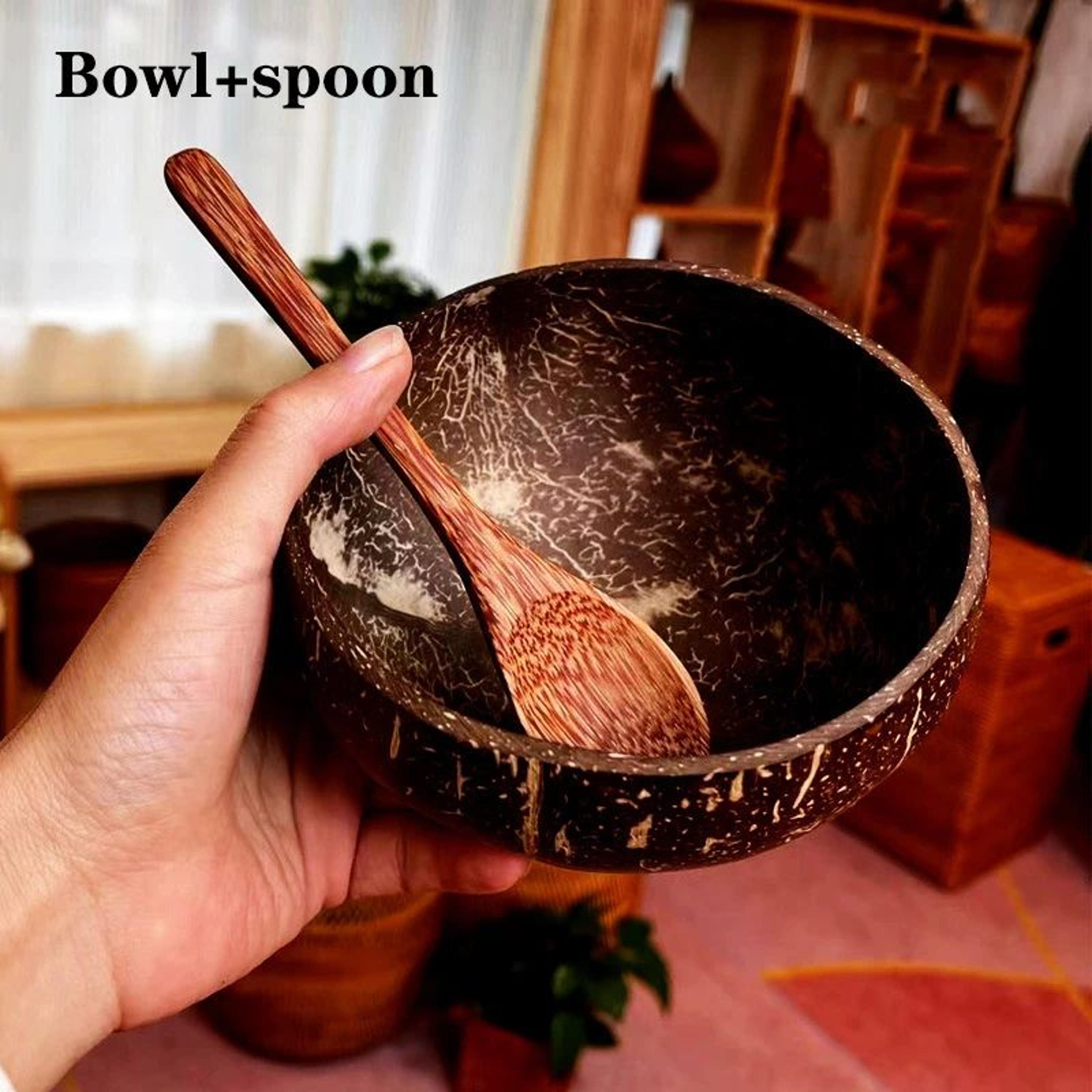 Natural Coconut Bowl Set With Wooden Spoon For Smoothies Salads And Ramen 7