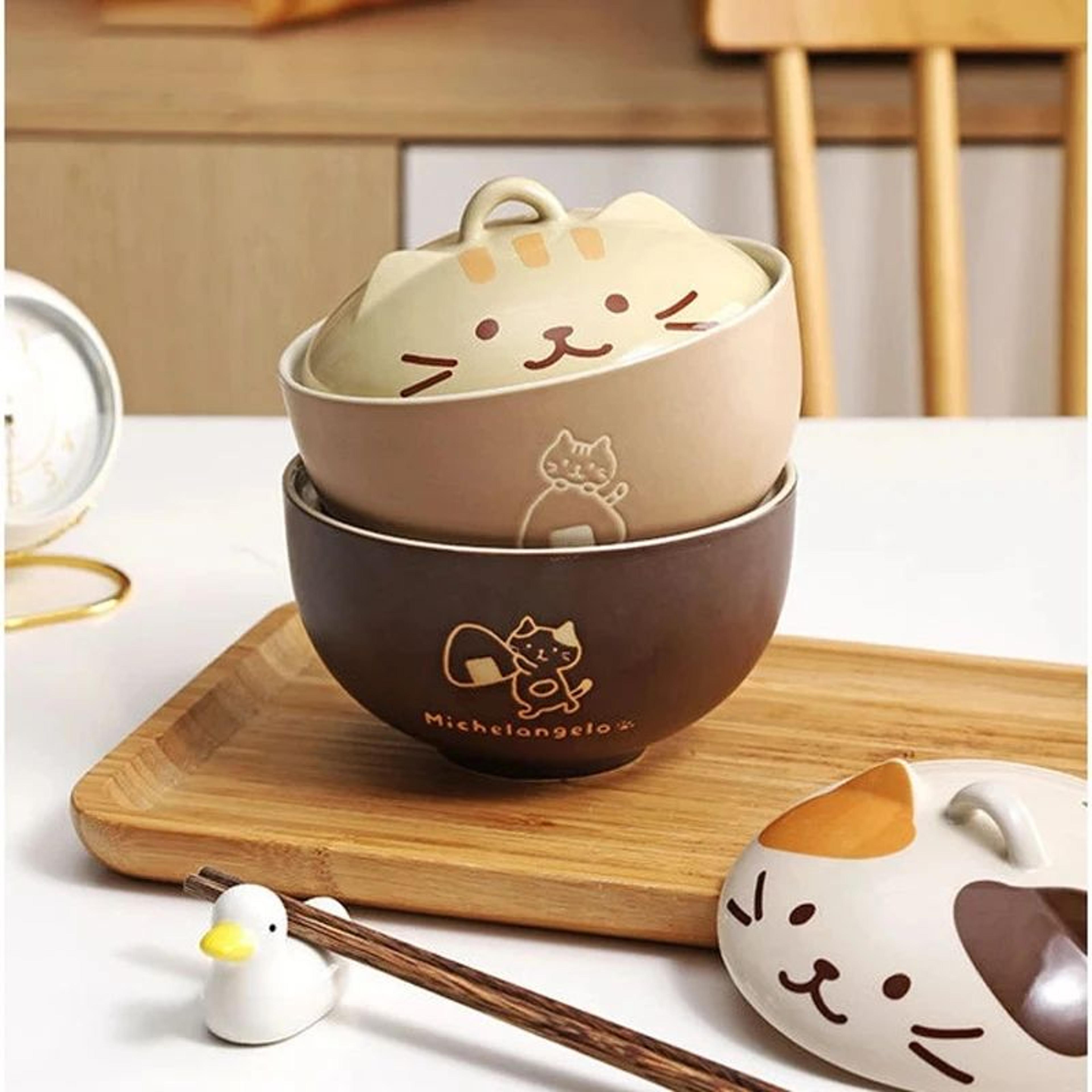 550ml Cartoon Cat Ceramic Noodle Bowl With Lid For Ramen Soup And Salad 2