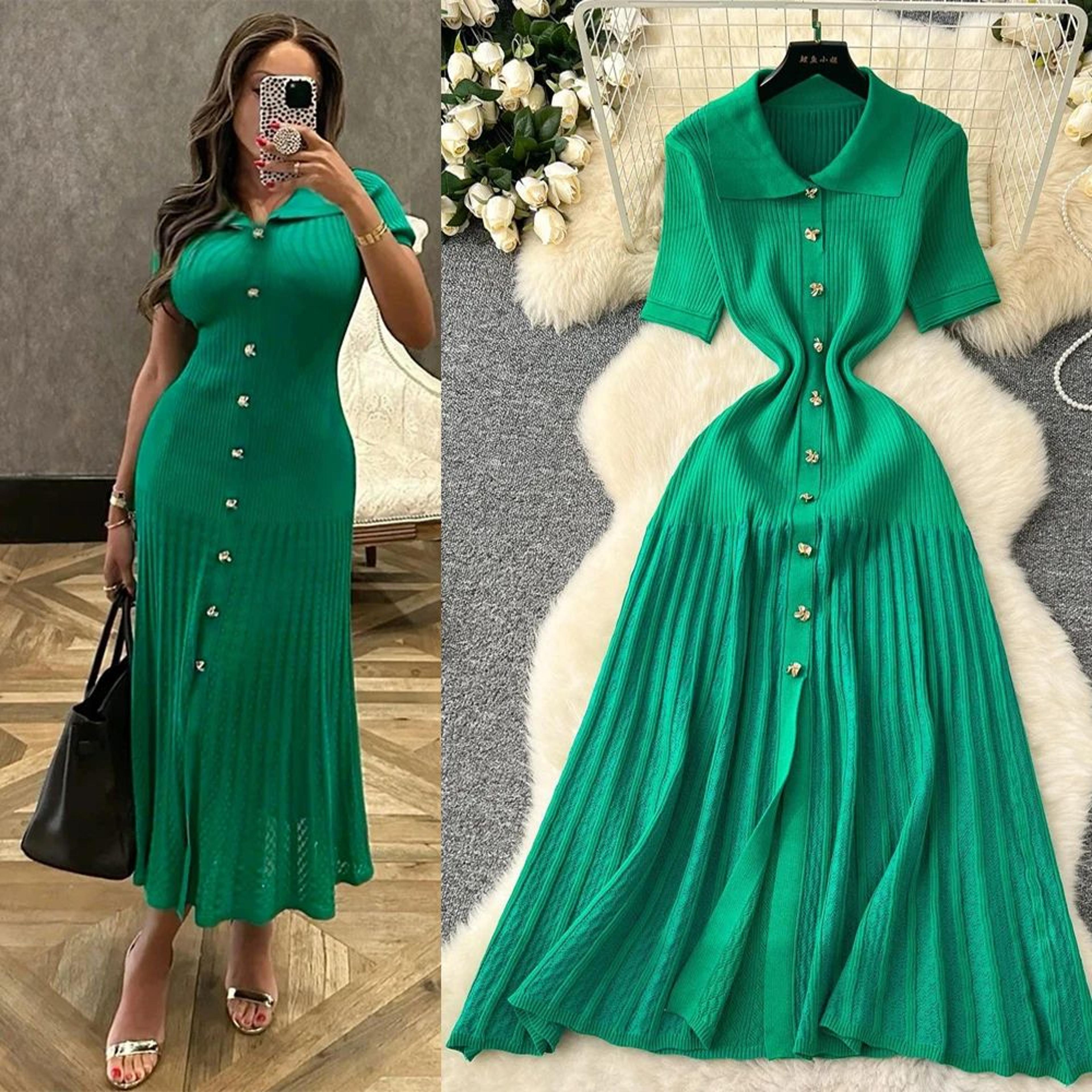 Elegant Patchwork Knitted Maxi Dress With TurnDown Collar 0