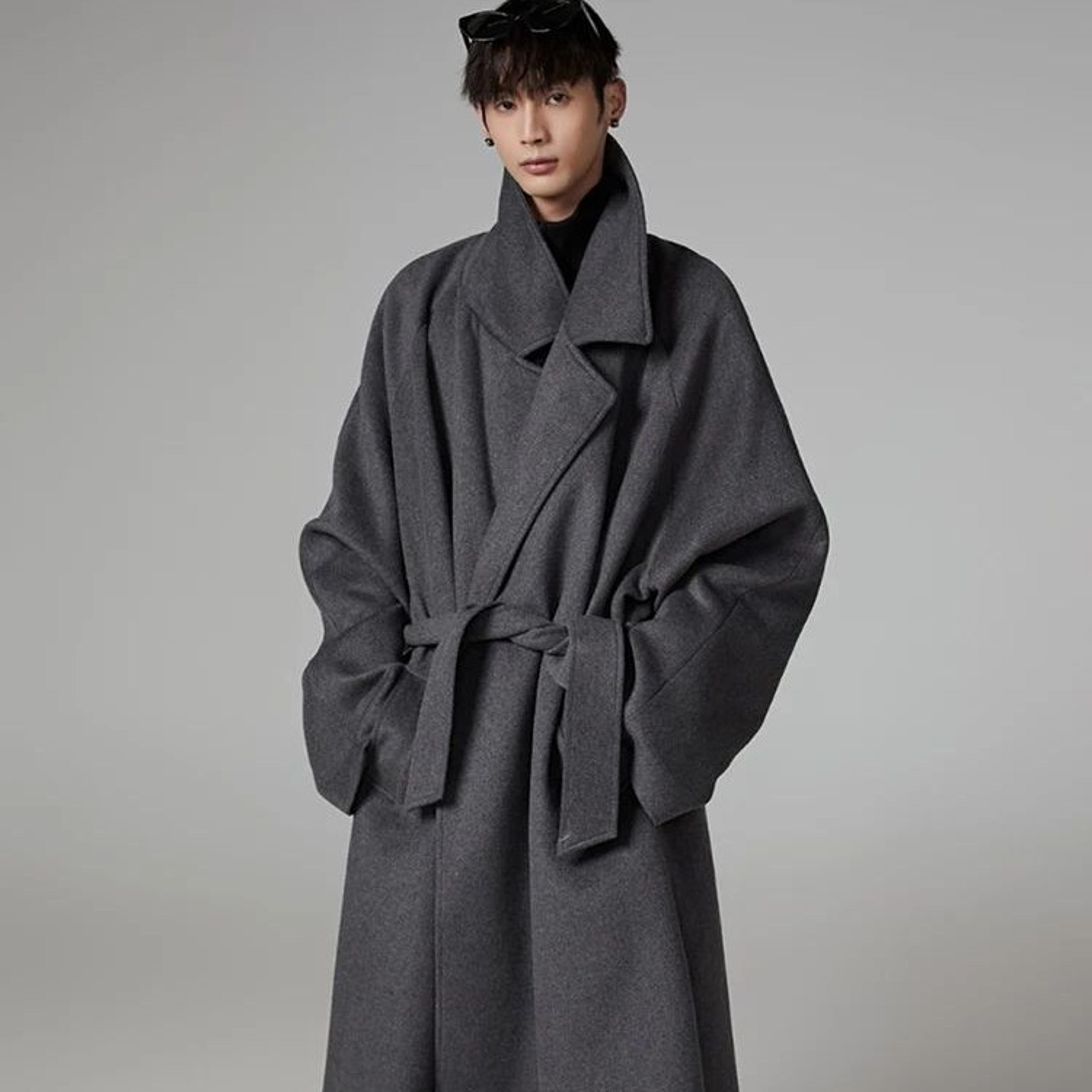 men's oversized long wool blend overcoat with belt and raglan sleeves