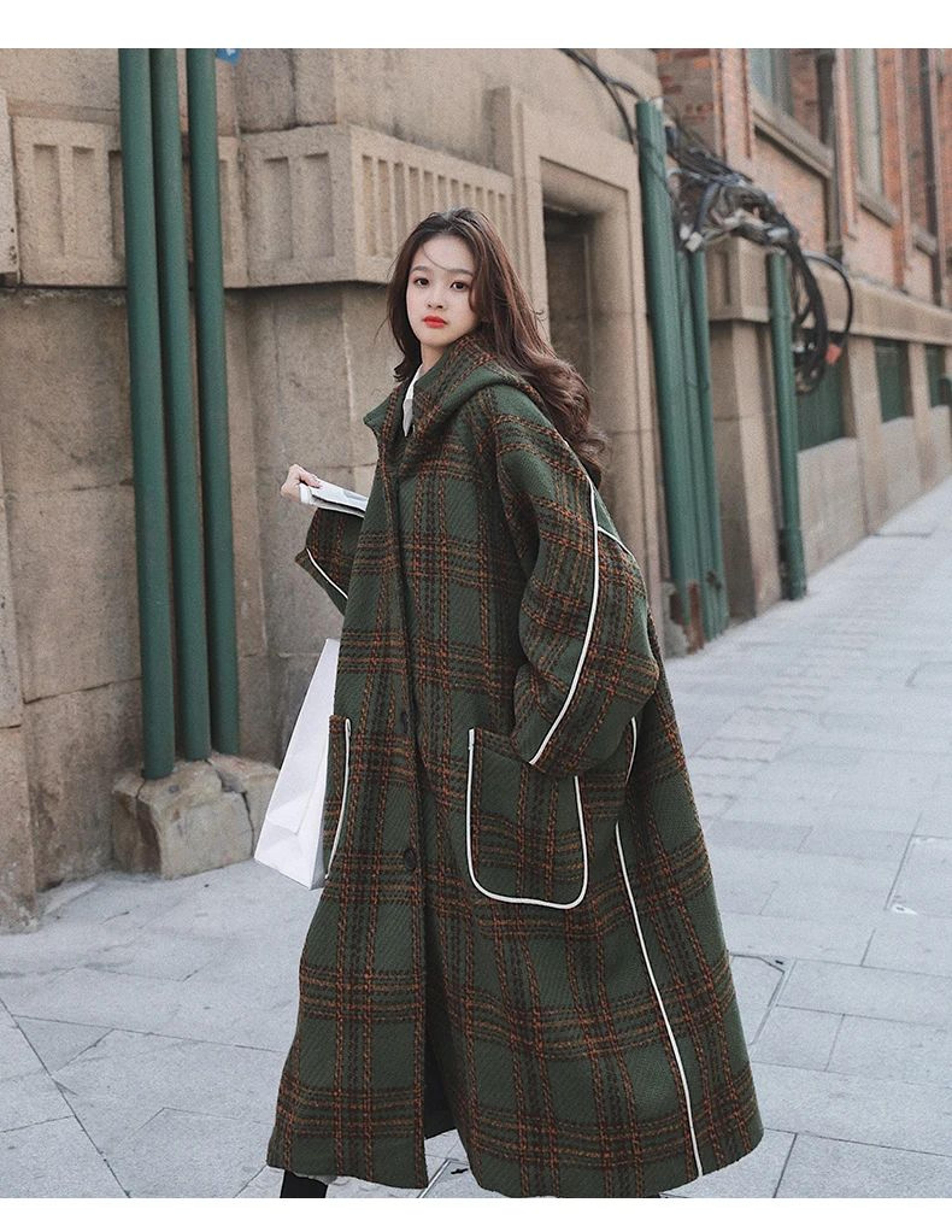 Womens Oversized Hooded Wool Blend Plaid Patchwork Long Winter Coat 5