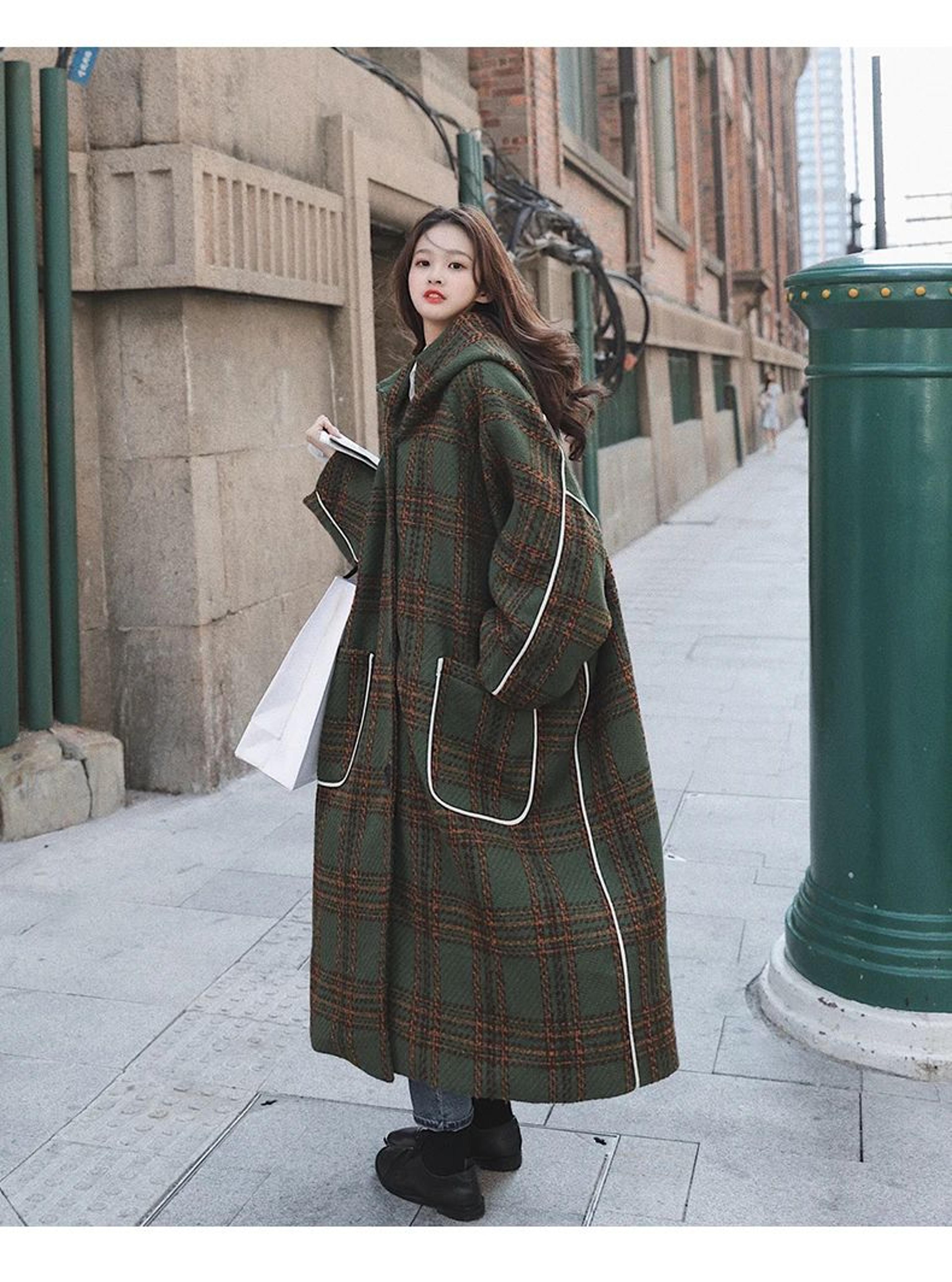 Womens Oversized Hooded Wool Blend Plaid Patchwork Long Winter Coat 6